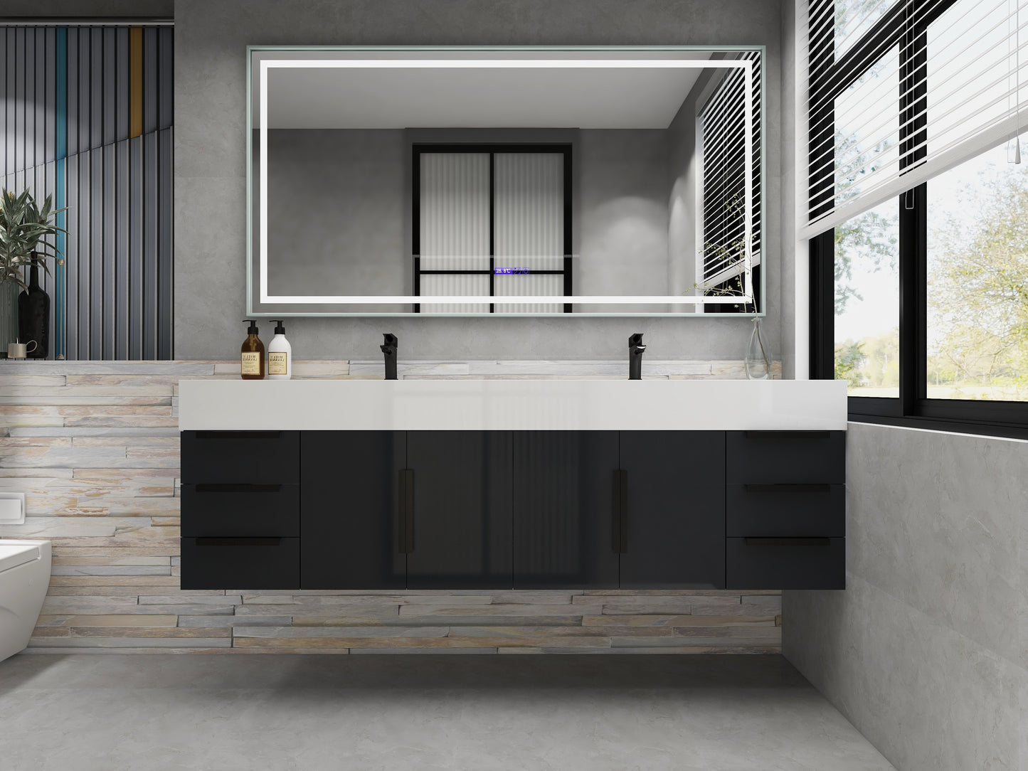 Bethany 72" Wall Mounted Floating Bathroom Vanity with Reinforced Acrylic Double Sink in Gloss Gray with Black Handles | Better Vanity Bath Vanities