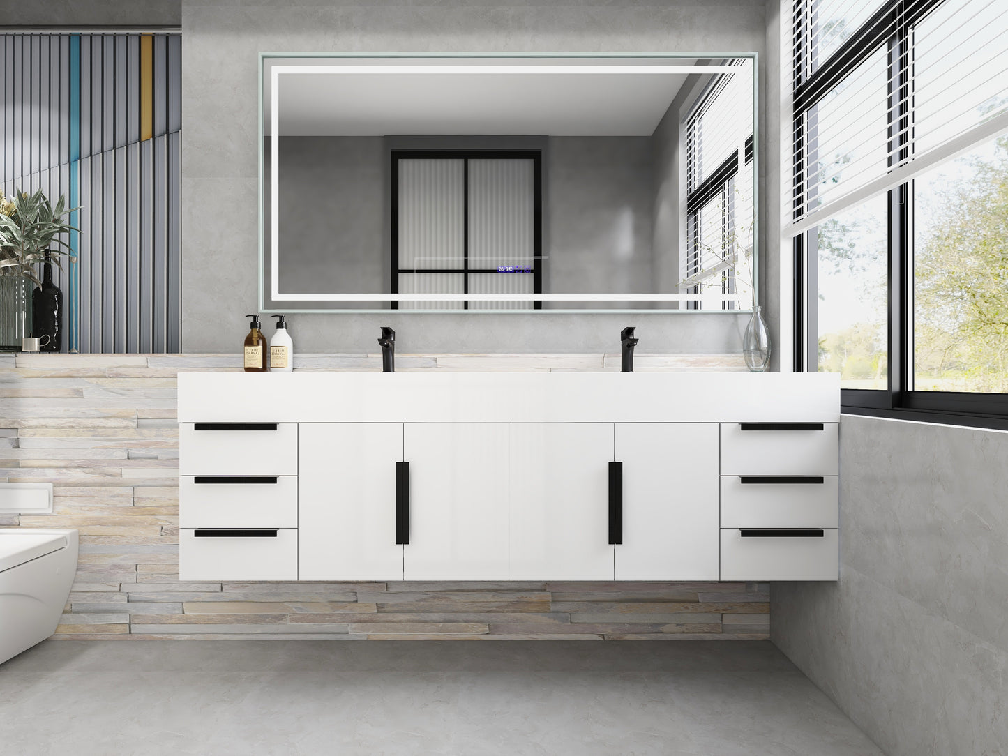 Bethany 72" Wall-Mounted Floating Bathroom Vanity with Reinforced Acrylic Double Sink in Gloss White with Black Handles | Better Vanity Bath Vanities