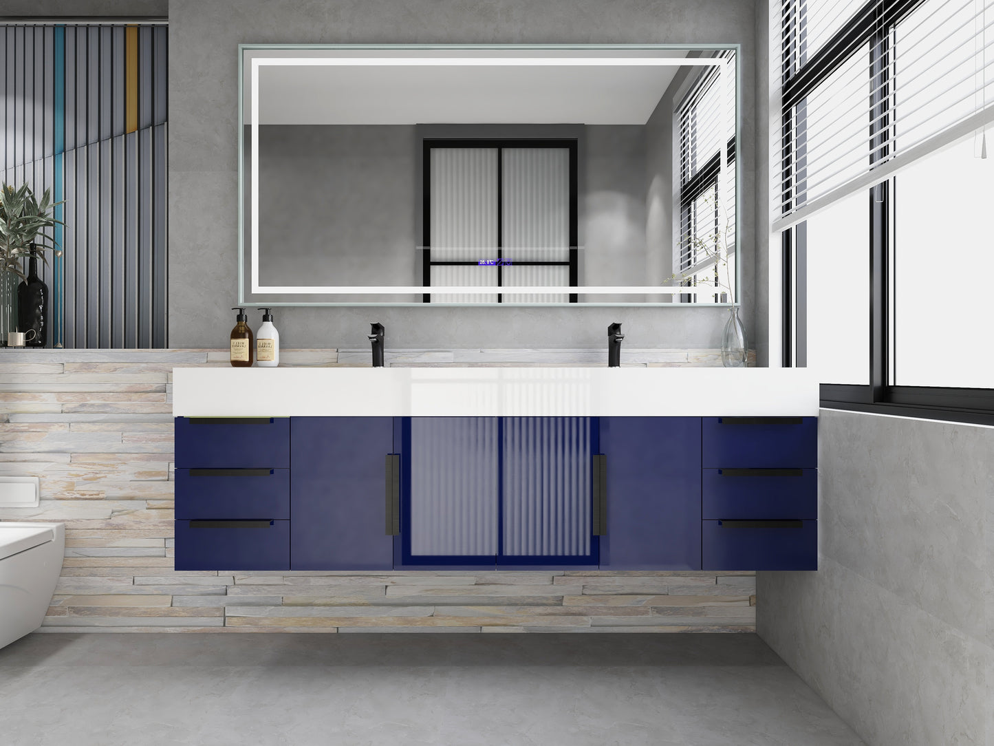 Bethany 72" Floating Bathroom Vanity with Reinforced Acrylic Double Sink in Night Blue Gloss with Black Handles | Better Vanity Bath Vanities