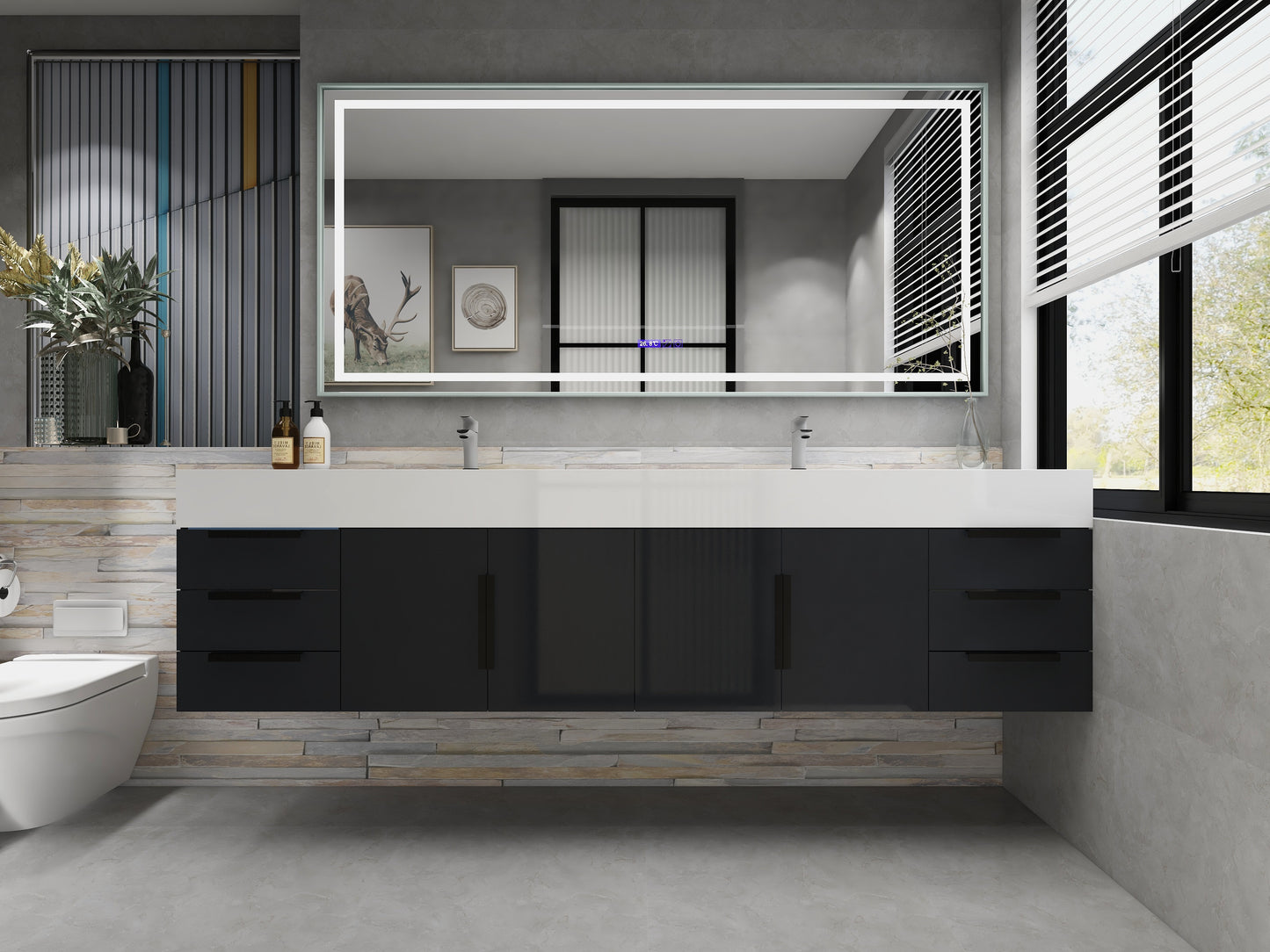 Bethany 84" Wall Mounted Floating Bathroom Vanity with Reinforced Acrylic Double Sink in Gloss Gray with Black Handles | Better Vanity Bath Vanities