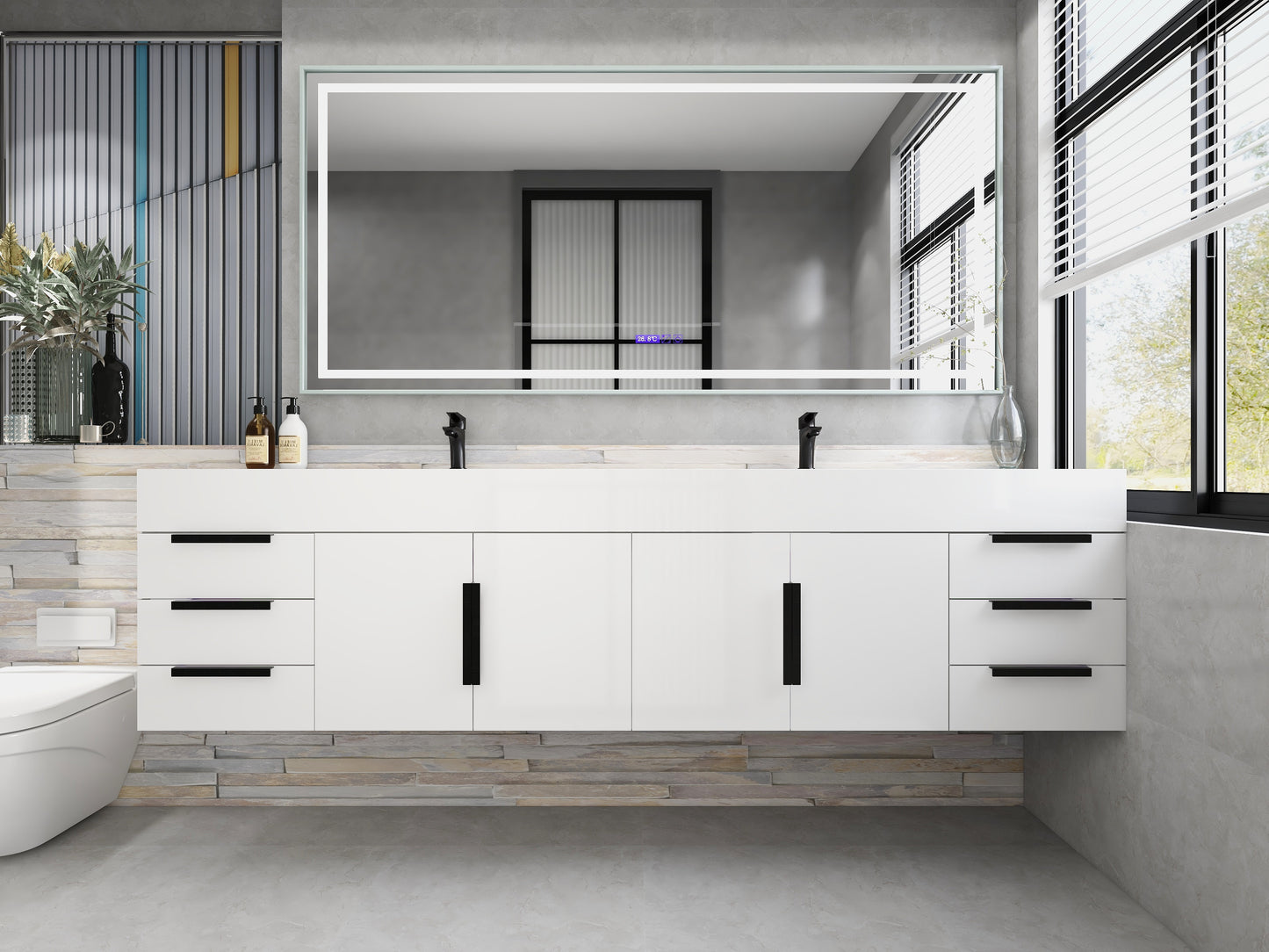 Bethany 84" Wall-Mounted Floating Bathroom Vanity with Reinforced Acrylic Double Sink in Gloss White with Black Handles | Better Vanity Bath Vanities
