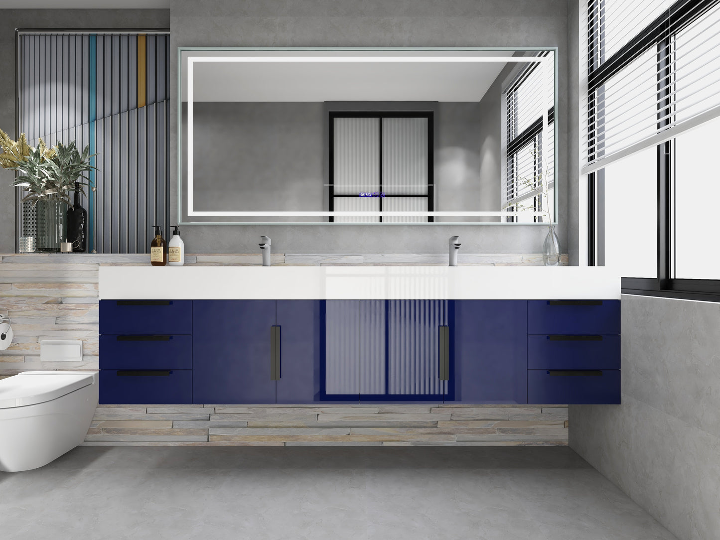 Bethany 84" Floating Bathroom Vanity with Reinforced Acrylic Double Sink in Night Blue Gloss with Black Handles | Better Vanity Bath Vanities