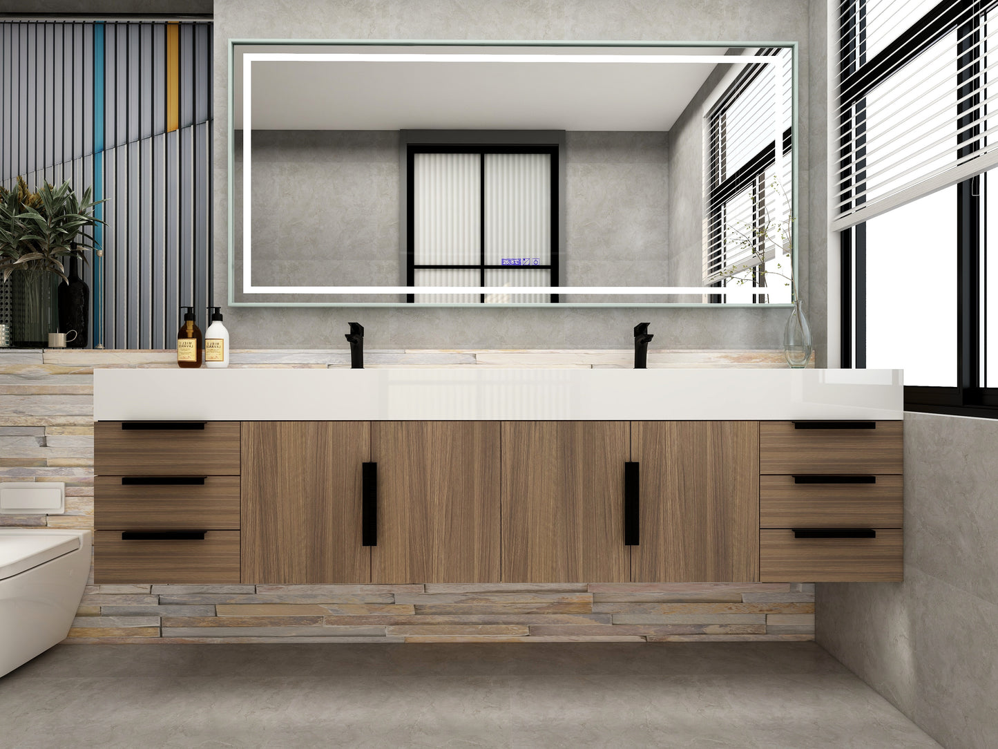 Bethany 84" Floating Bathroom Vanity with Reinforced Acrylic Double Sink in Rosewood with Black Handles | Better Vanity Bath Vanities
