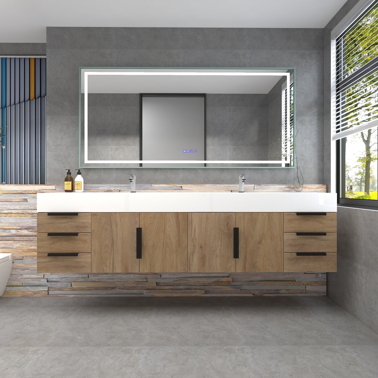 Bethany 84" Wall-Mounted Floating Bathroom Vanity with Reinforced Acrylic Double Sink in White Oak with Black Handles | Better Vanity Bath Vanities