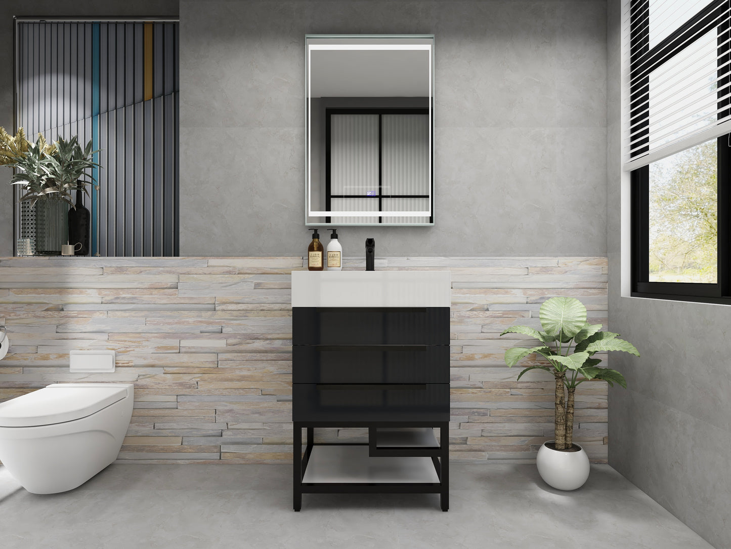 Bethany 24" Freestanding Bathroom Vanity with Reinforced Acrylic Sink in Gloss Gray with Black Handles | Better Vanity Bath Vanities