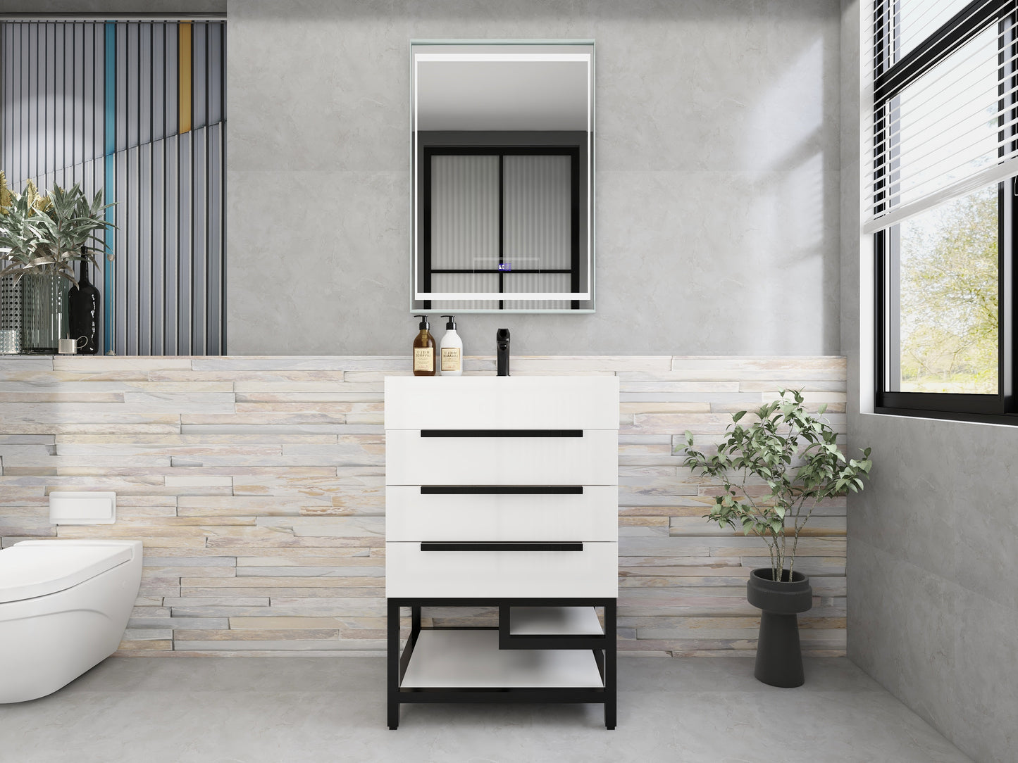Bethany 24" Freestanding Bathroom Vanity with Reinforced Acrylic Sink in Gloss White with Black Handles | Better Vanity Bath Vanities