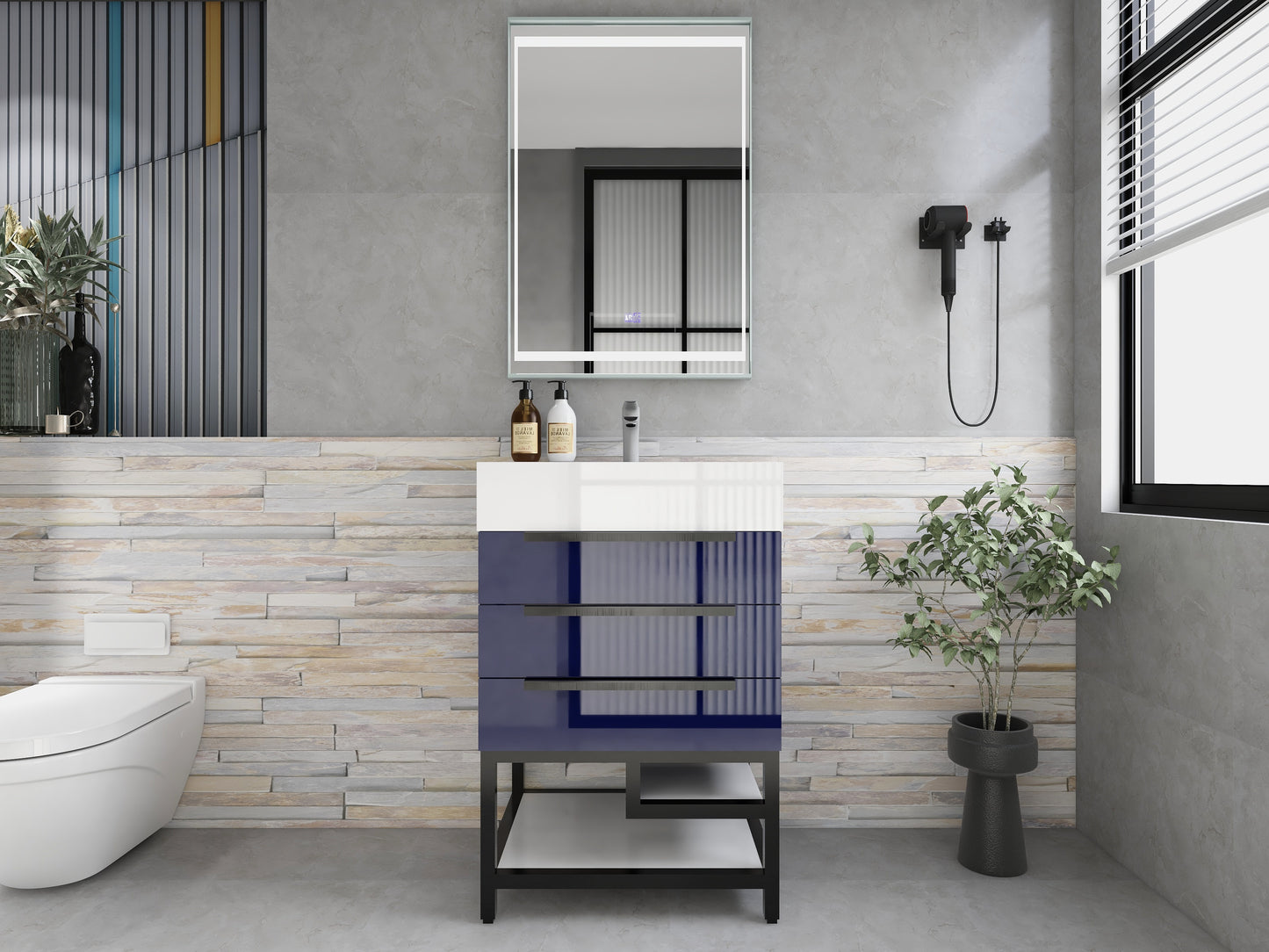 Bethany 24" Freestanding Bathroom Vanity with Reinforced Acrylic Sink in Night Blue Gloss with Black Handles | Better Vanity Bath Vanities