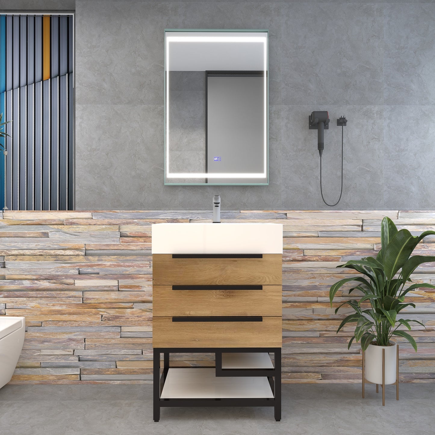 Bethany 24" Freestanding Bathroom Vanity with Reinforced Acrylic Sink in Teak Oak with Black Handles | Better Vanity Bath Vanities