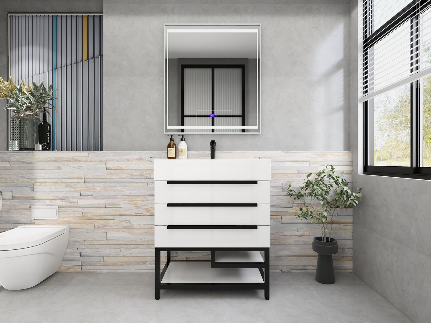 Bethany 30" Freestanding Bathroom Vanity with Reinforced Acrylic Sink in Gloss White with Black Handles | Better Vanity Bath Vanities