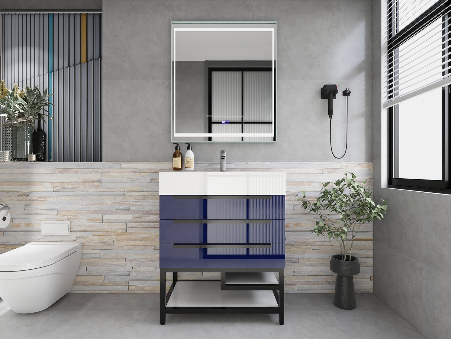 Bethany 30" Freestanding Bathroom Vanity with Reinforced Acrylic Sink in Night Blue Gloss with Black Handles | Better Vanity Bath Vanities