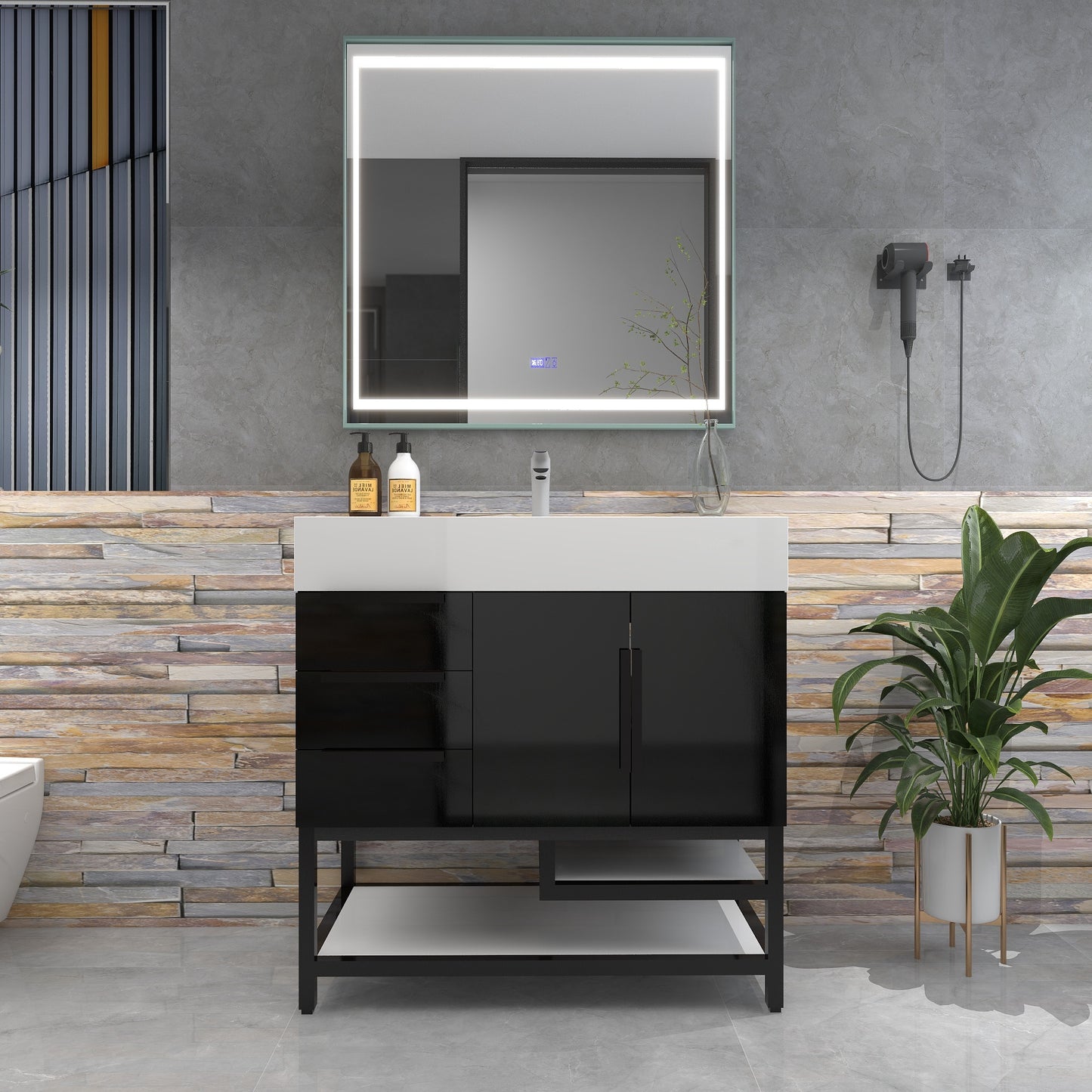 Bethany 36" Freestanding Bathroom Vanity with Reinforced Acrylic Sink in Gloss Black with Black Handles | Better Vanity Bath Vanities