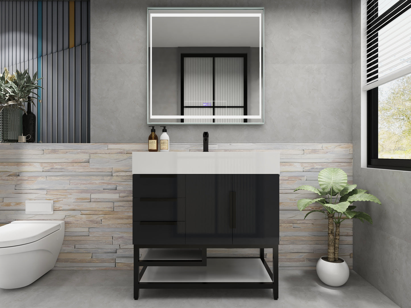 Bethany 36" Freestanding Bathroom Vanity with Reinforced Acrylic Sink in Gloss Gray with Black Handles | Better Vanity Bath Vanities