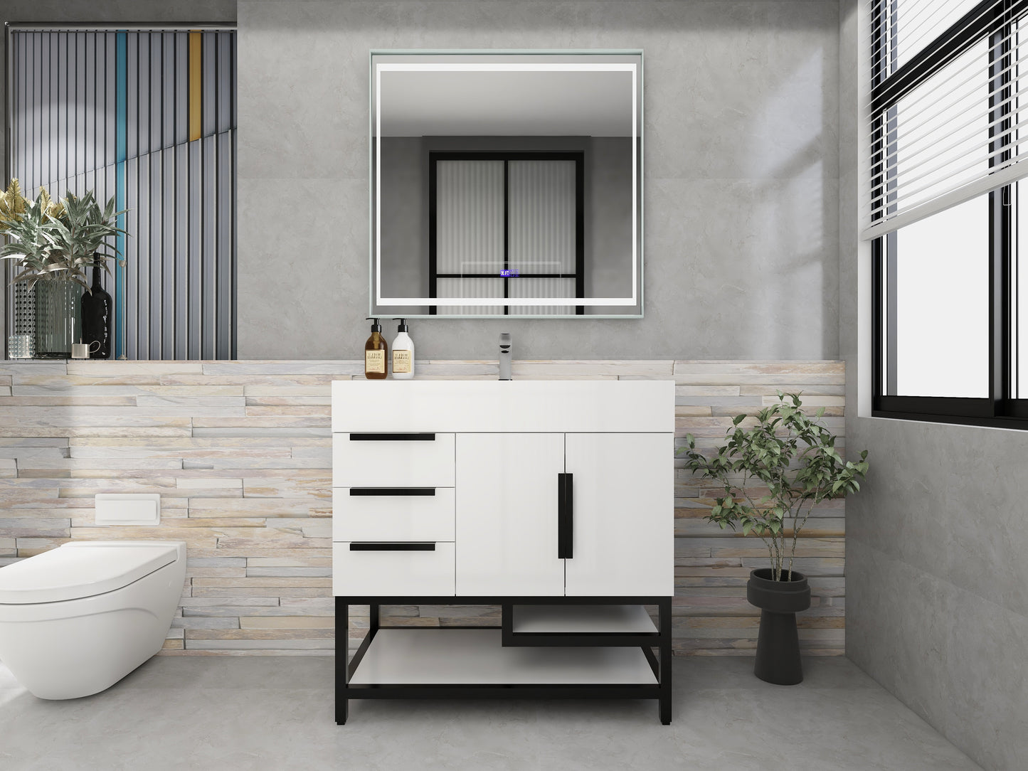 Bethany 36" Freestanding Bathroom Vanity with Reinforced Acrylic Sink in Gloss White with Black Handles | Better Vanity Bath Vanities