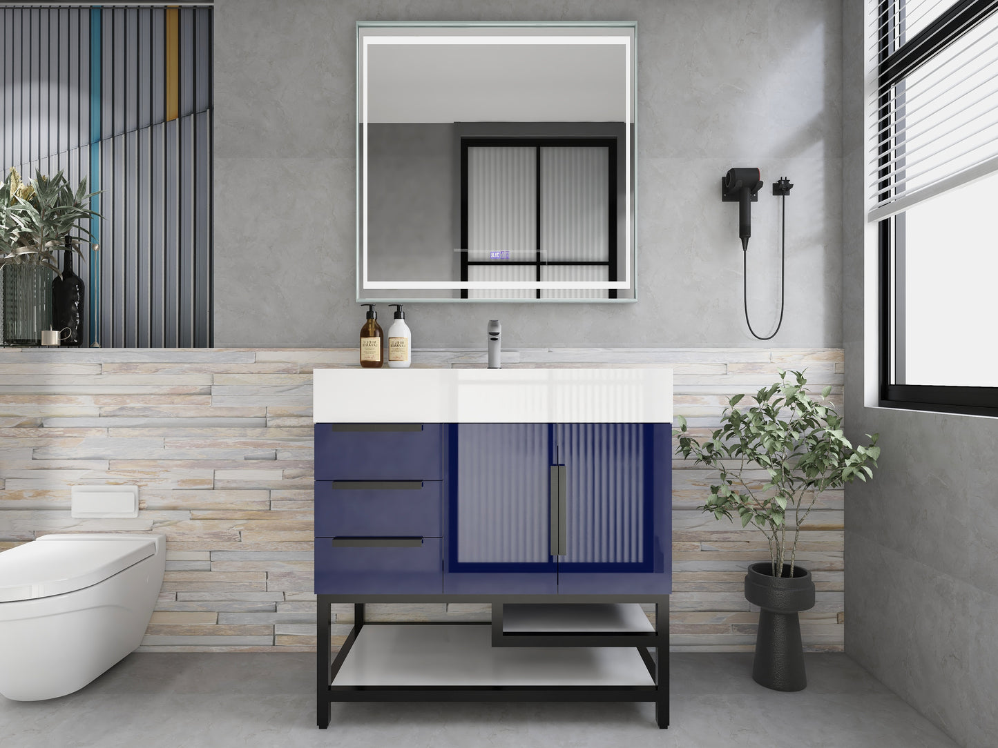 Bethany 36" Freestanding Bathroom Vanity with Reinforced Acrylic Sink in Night Blue Gloss with Black Handles | Better Vanity Bath Vanities