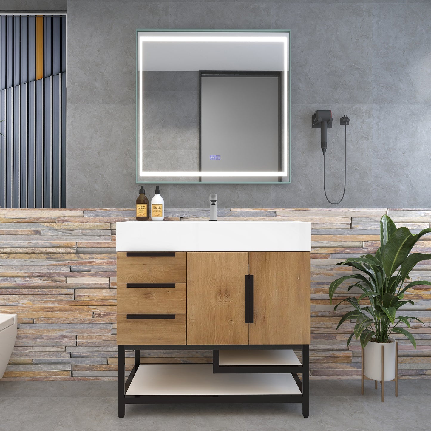 Bethany 36" Freestanding Bathroom Vanity with Reinforced Acrylic Sink in Teak Oak with Black Handles | Better Vanity Bath Vanities