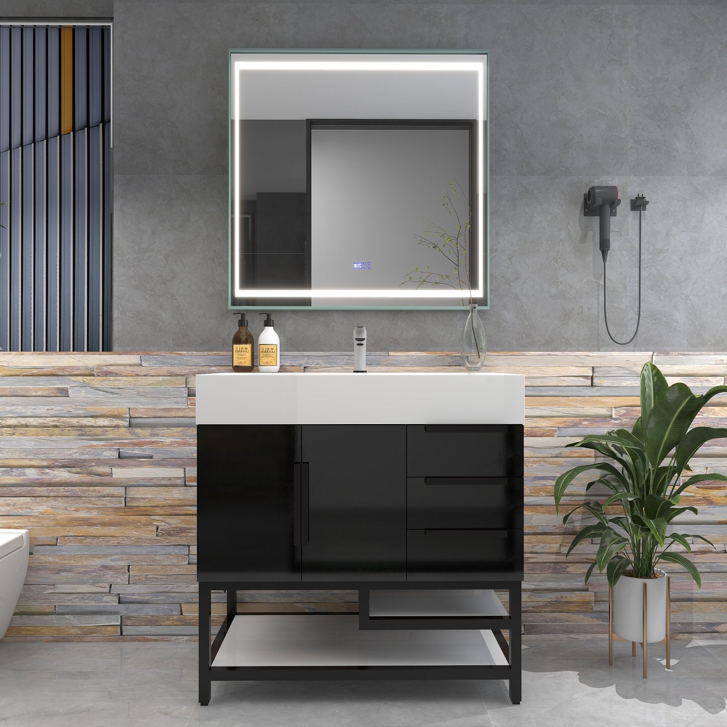 Bethany 36" Freestanding Bathroom Vanity with Reinforced Acrylic Sink in Gloss Black with Black Handles | Better Vanity Bath Vanities