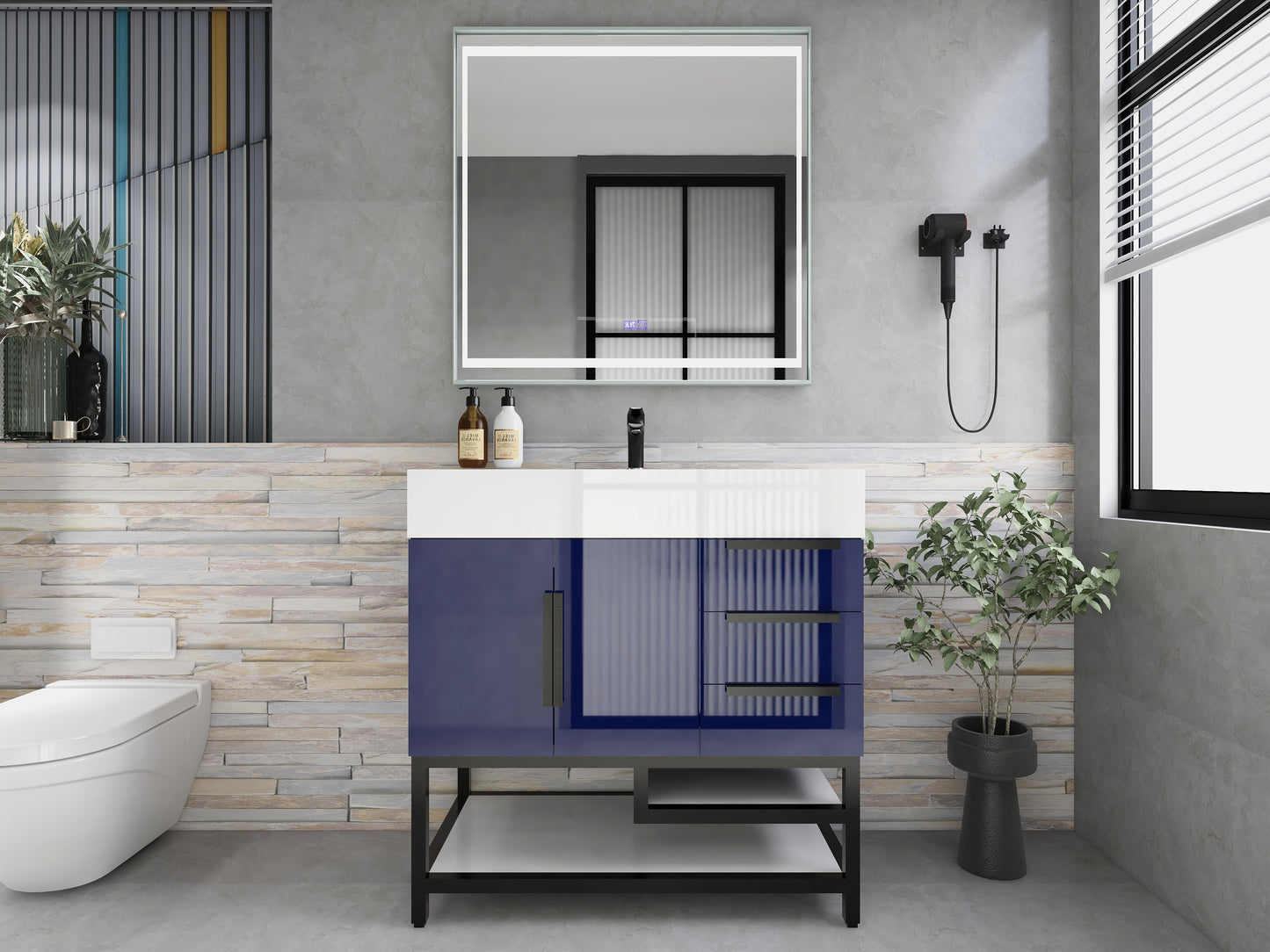 Bethany 36" Freestanding Bathroom Vanity with Reinforced Acrylic Sink in Night Blue Gloss with Black Handles | Better Vanity Bath Vanities