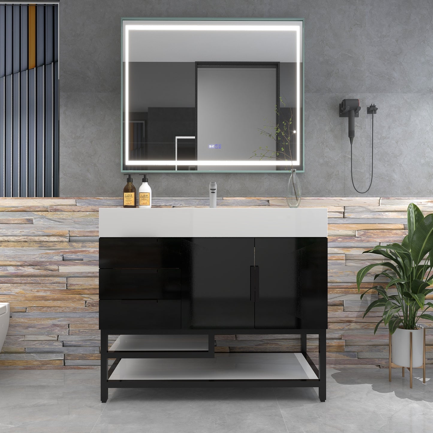 Bethany 42" Freestanding Bathroom Vanity with Reinforced Acrylic Sink in Gloss Black with Black Handles | Better Vanity Bath Vanities