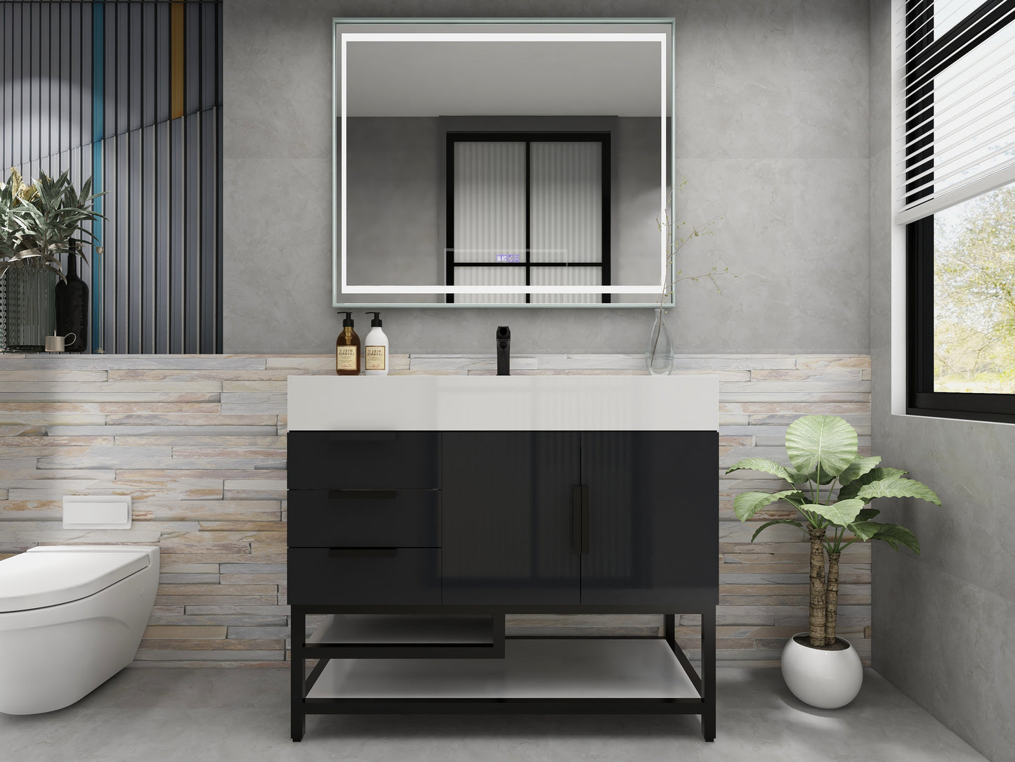 Bethany 42" Freestanding Bathroom Vanity with Reinforced Acrylic Sink in Gloss Gray with Black Handles | Better Vanity Bath Vanities