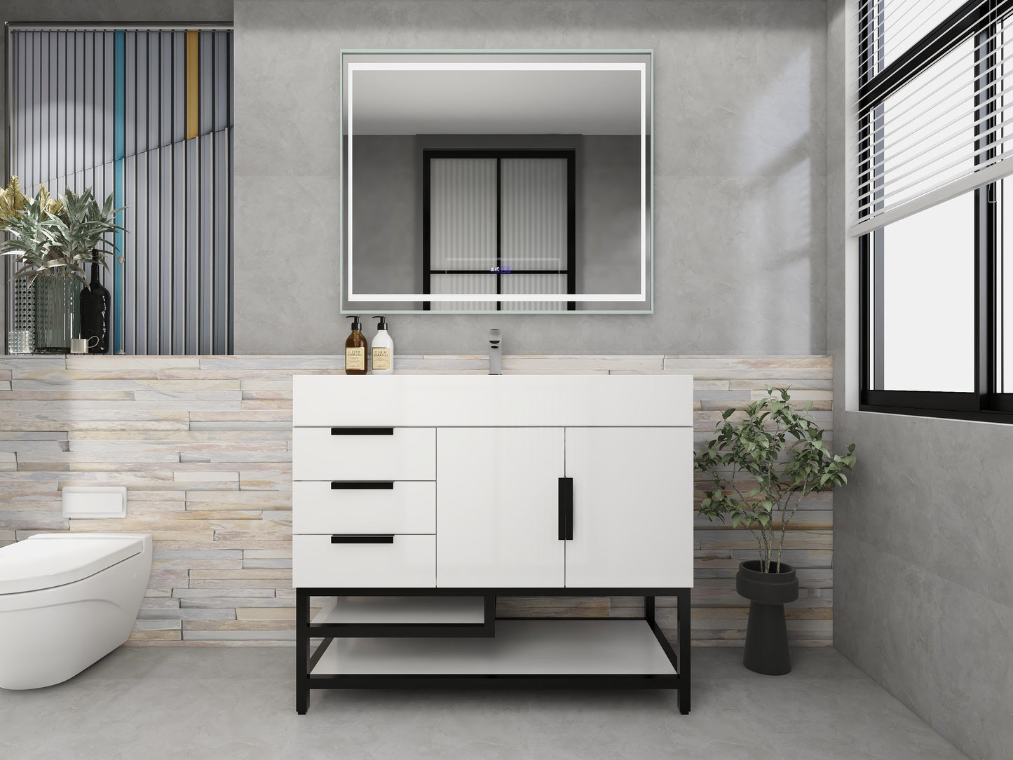 Bethany 42" Freestanding Bathroom Vanity with Reinforced Acrylic Sink in Gloss White with Black Handles | Better Vanity Bath Vanities