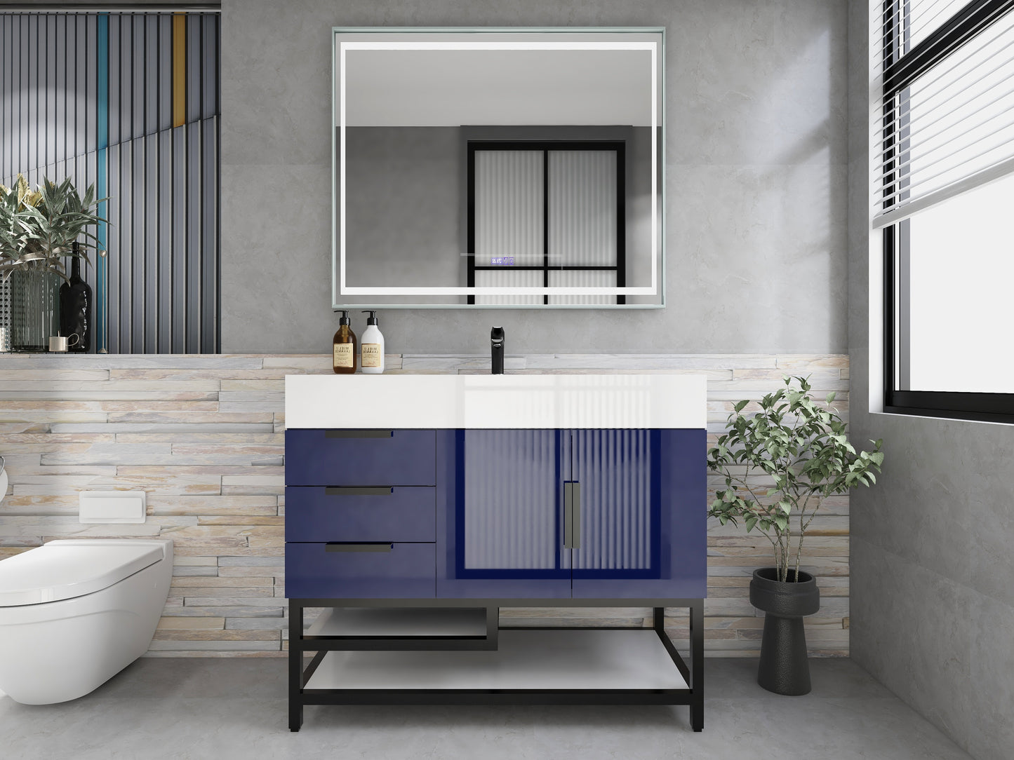 Bethany 42" Freestanding Bathroom Vanity with Reinforced Acrylic Sink in Night Blue Gloss with Black Handles | Better Vanity Bath Vanities
