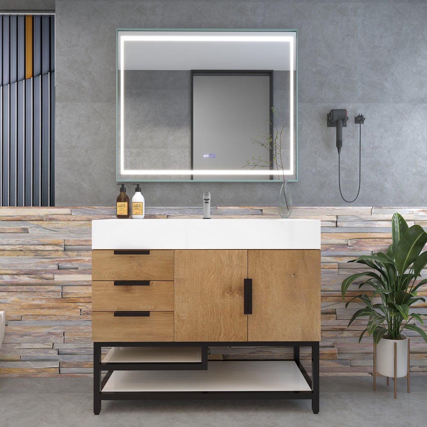 Bethany 42" Freestanding Bathroom Vanity with Reinforced Acrylic Sink in Teak Oak with Black Handles | Better Vanity Bath Vanities