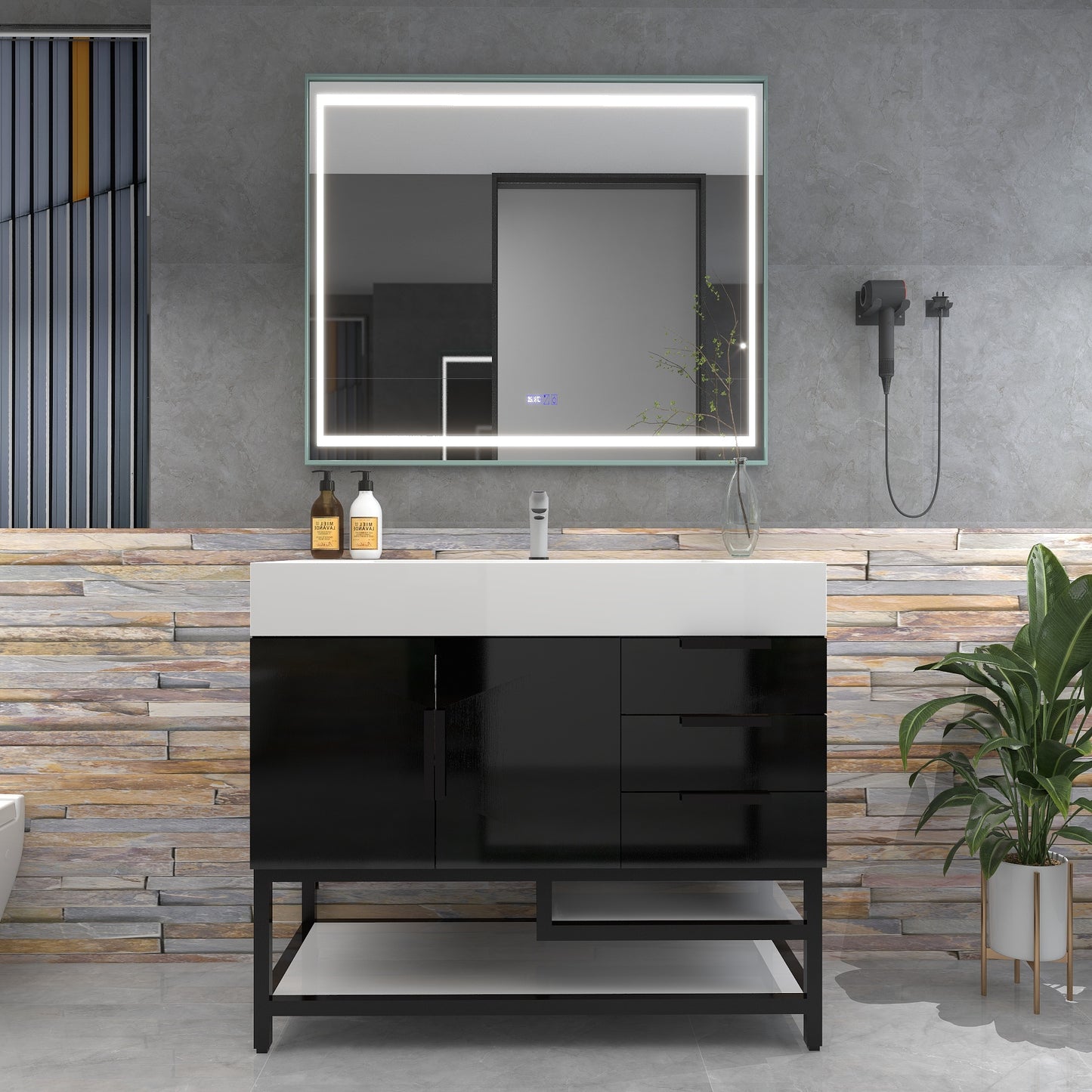 Bethany 42" Freestanding Bathroom Vanity with Reinforced Acrylic Sink in Gloss Black with Black Handles | Better Vanity Bath Vanities