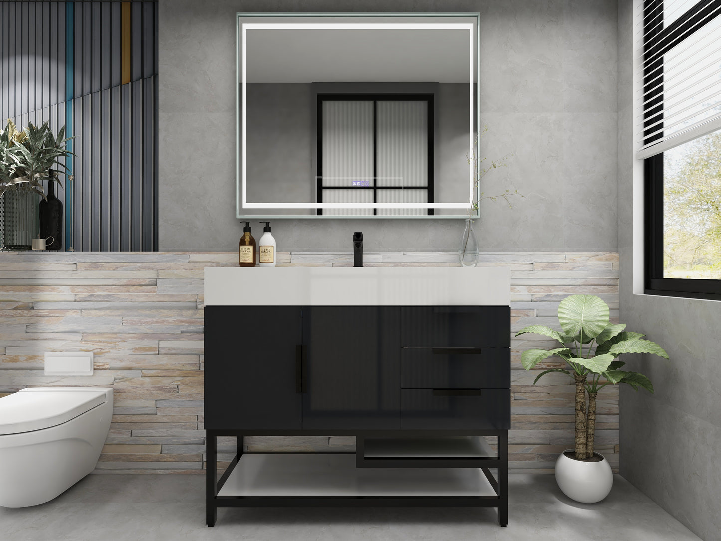 Bethany 42" Freestanding Bathroom Vanity with Reinforced Acrylic Sink in Gloss Gray with Black Handles | Better Vanity Bath Vanities
