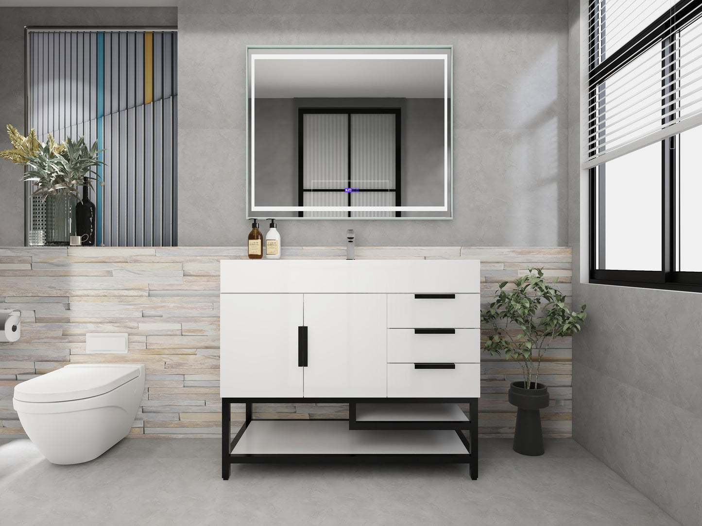 Bethany 42" Freestanding Bathroom Vanity with Reinforced Acrylic Sink in Gloss White with Black Handles | Better Vanity Bath Vanities