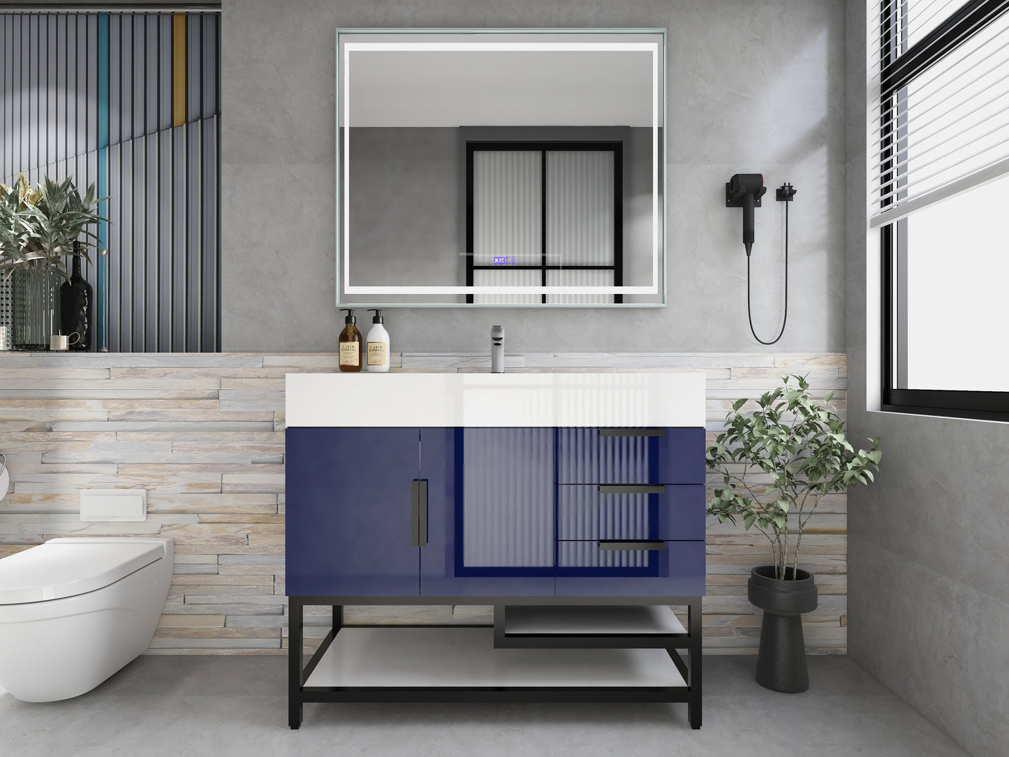 Bethany 42" Freestanding Bathroom Vanity with Reinforced Acrylic Sink in Night Blue Gloss with Black Handles | Better Vanity Bath Vanities