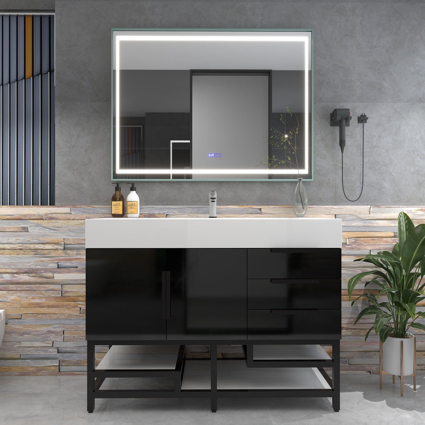 Bethany 48" Freestanding Bathroom Vanity with Reinforced Acrylic Sink in Gloss Black with Black Handles | Better Vanity Bath Vanities