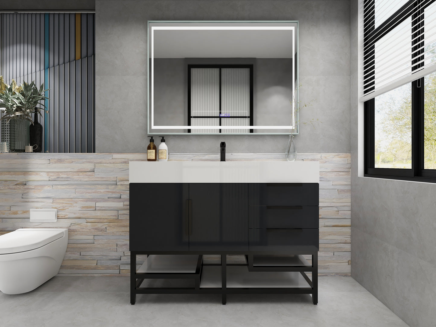 Bethany 48" Freestanding Bathroom Vanity with Reinforced Acrylic Sink in Gloss Gray with Black Handles | Better Vanity Bath Vanities