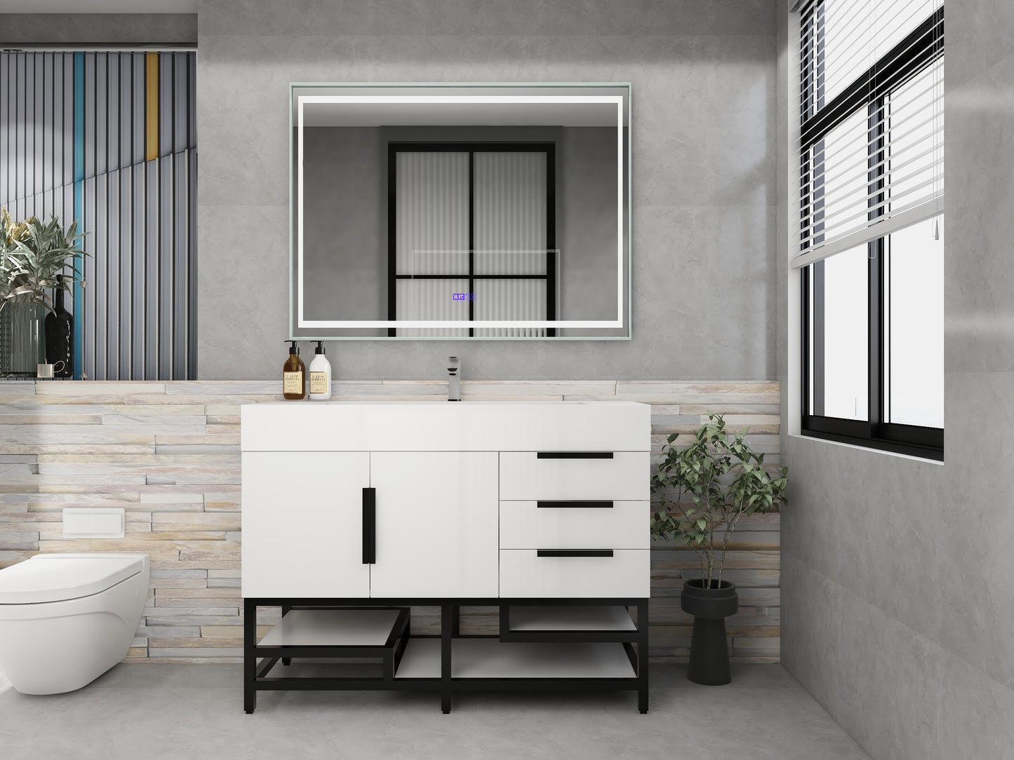 Bethany 48" Freestanding Bathroom Vanity with Reinforced Acrylic Sink in Gloss White with Black Handles | Better Vanity Bath Vanities