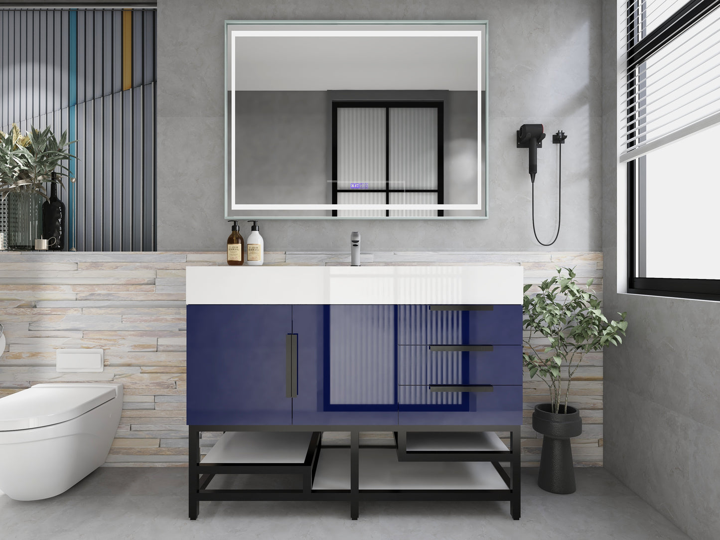 Bethany 48" Freestanding Bathroom Vanity with Reinforced Acrylic Sink in Night Blue Gloss with Black Handles | Better Vanity Bath Vanities