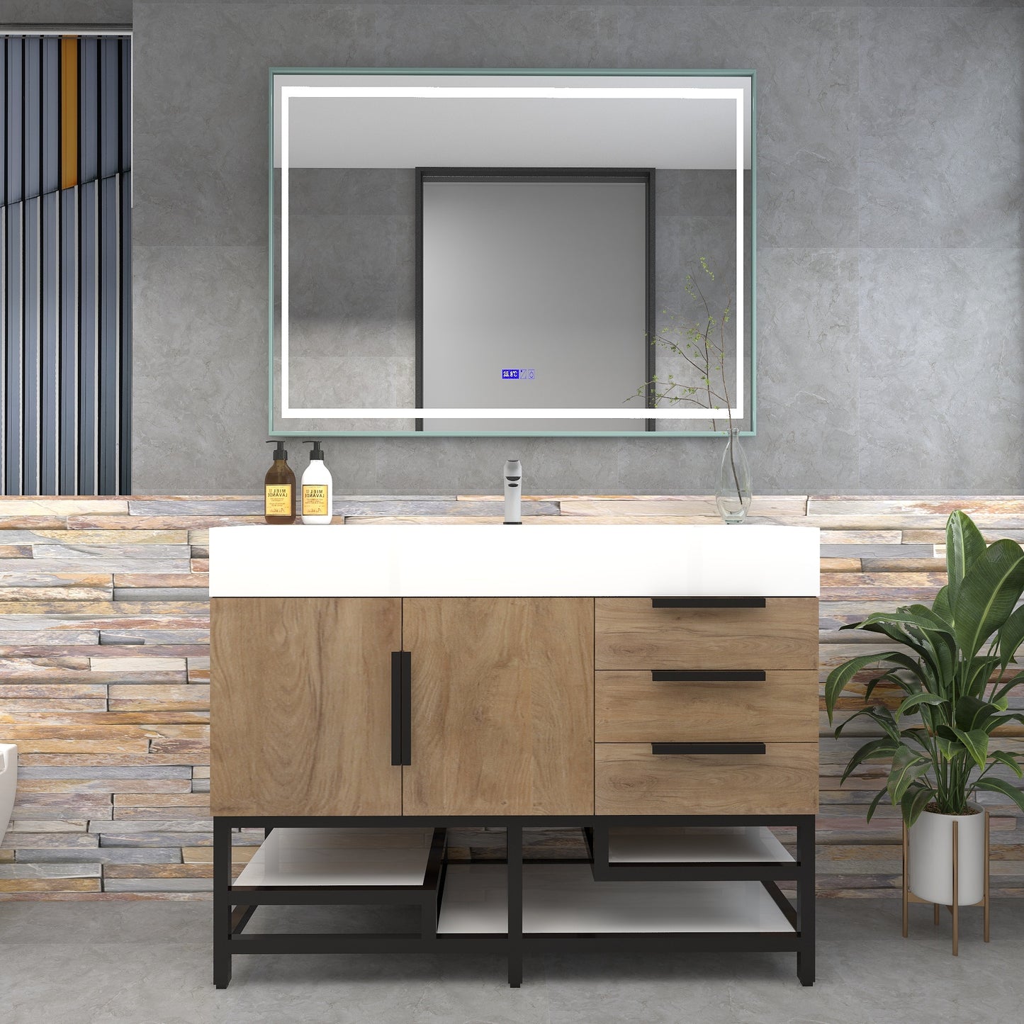 Bethany 48" Freestanding Bathroom Vanity with Reinforced Acrylic Sink in White Oak with Black Handles | Better Vanity Bath Vanities