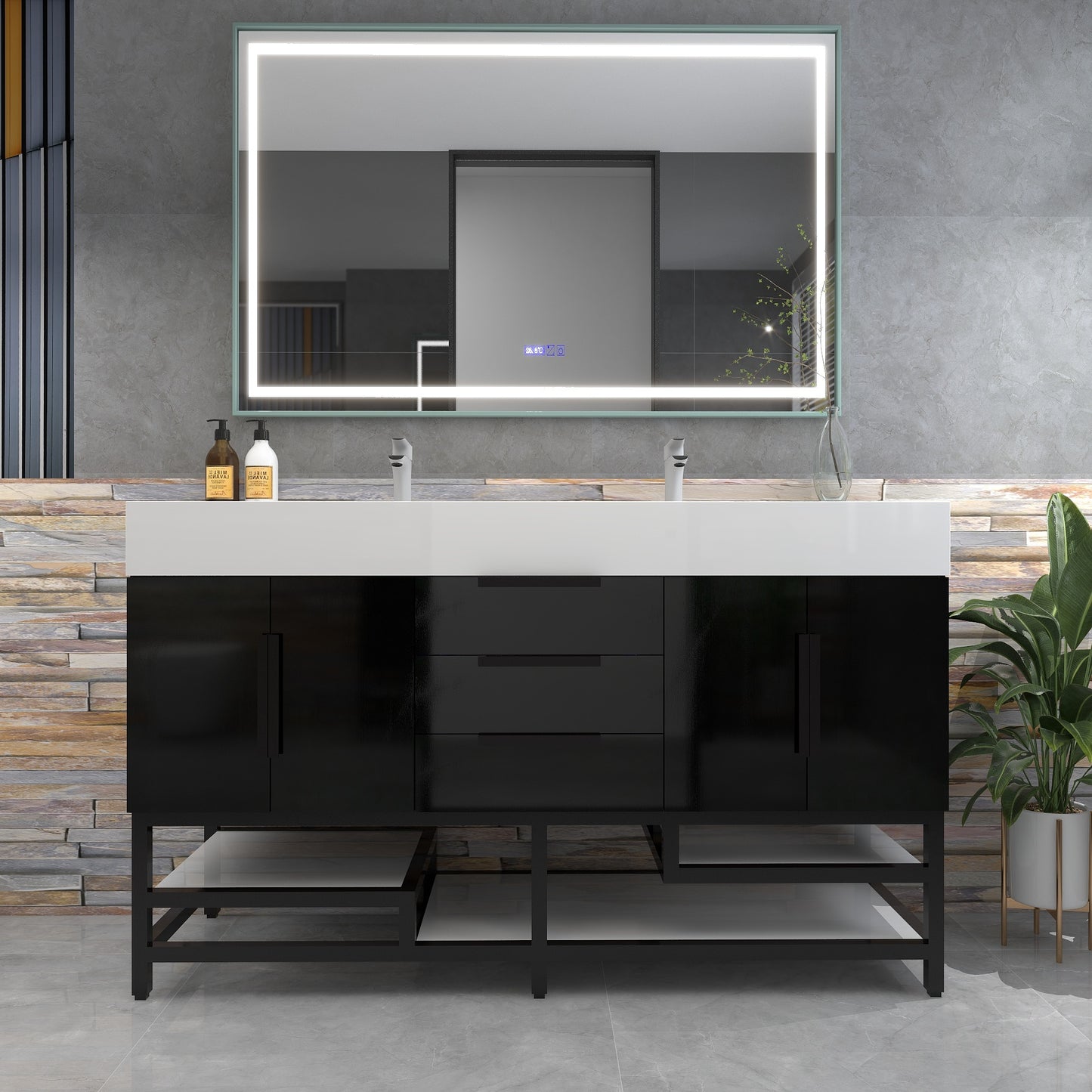 Bethany 60" Freestanding Bathroom Vanity with Reinforced Acrylic Double Sink in Gloss Black with Black Handles | Better Vanity Bath Vanities