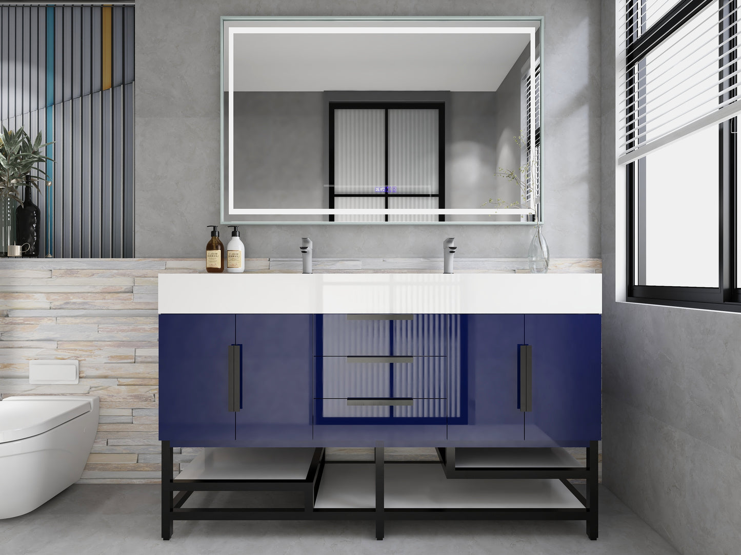 Bethany 60" Freestanding Bathroom Vanity with Reinforced Acrylic Double Sink in Night Blue Gloss with Black Handles | Better Vanity Bath Vanities