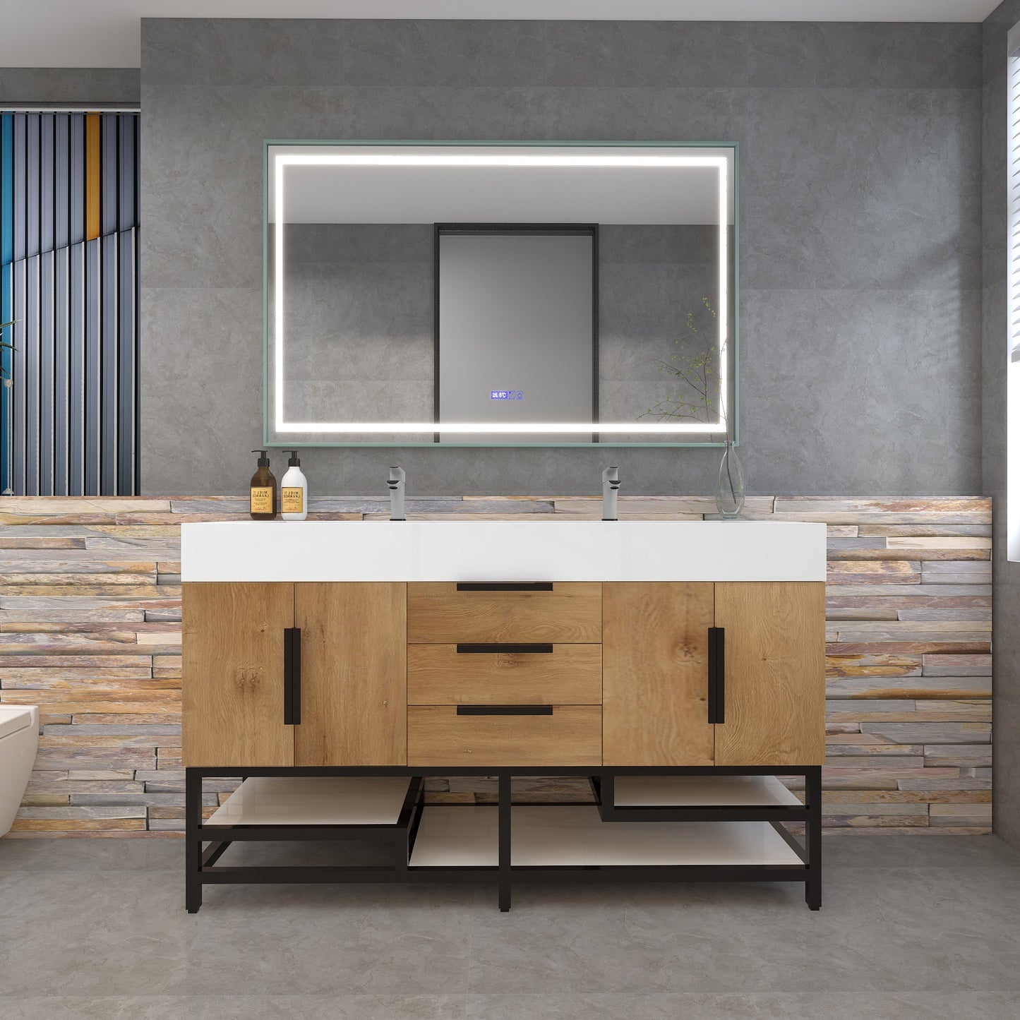 Bethany 60" Freestanding Bathroom Vanity with Reinforced Acrylic Double Sink in Teak Oak with Black Handles | Better Vanity Bath Vanities