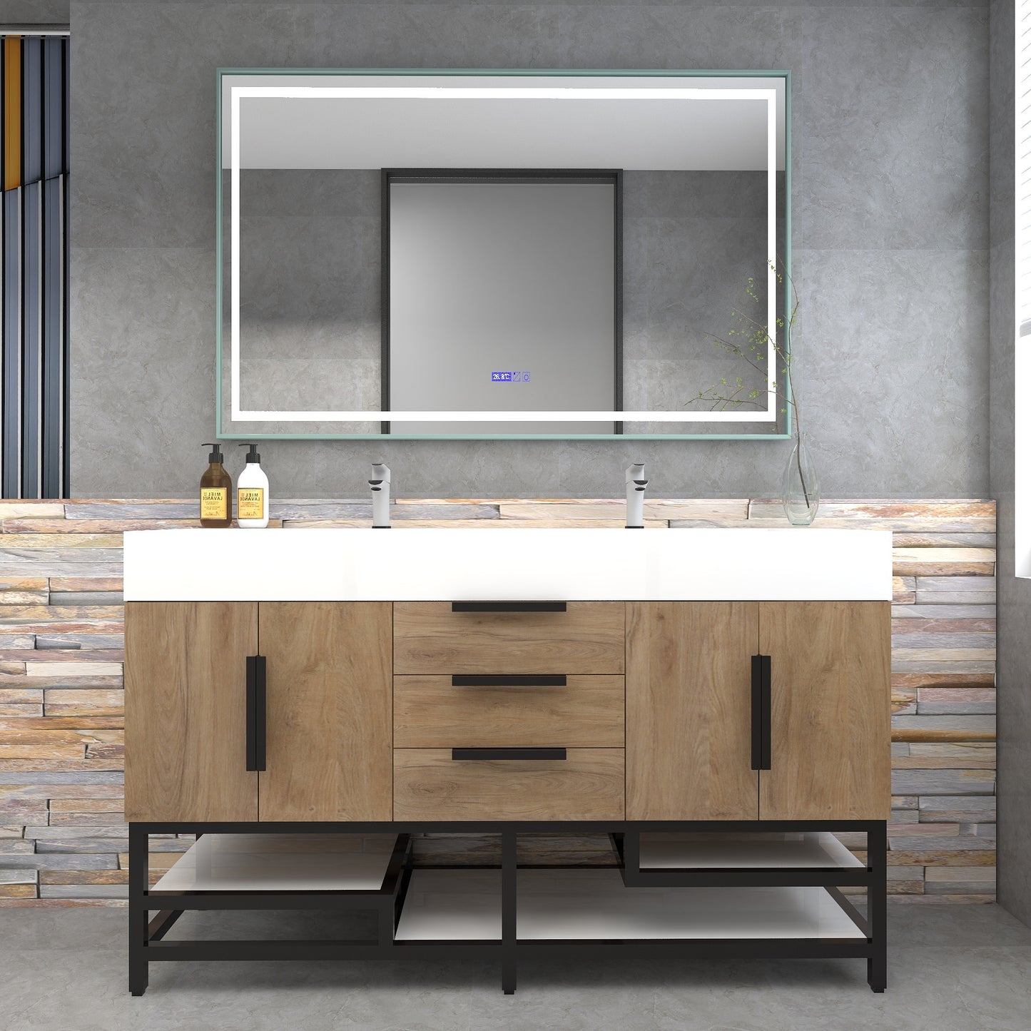 Bethany 60" Freestanding Bathroom Vanity with Reinforced Acrylic Double Sink in White Oak with Black Handles | Better Vanity Bath Vanities