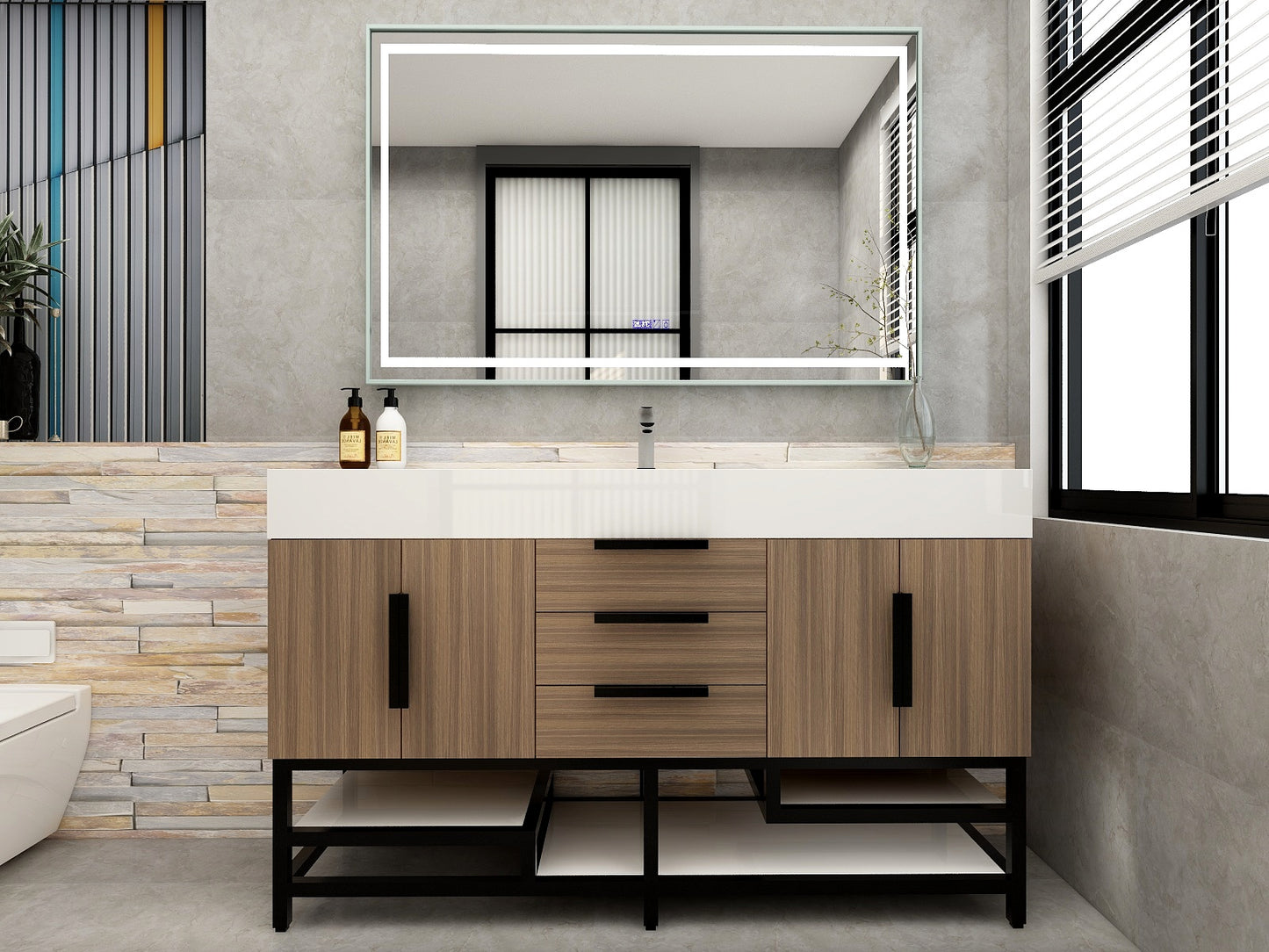 Bethany 60" Freestanding Bathroom Vanity with Reinforced Acrylic Double Sink in Rosewood with Black Handles | Better Vanity Bath Vanities