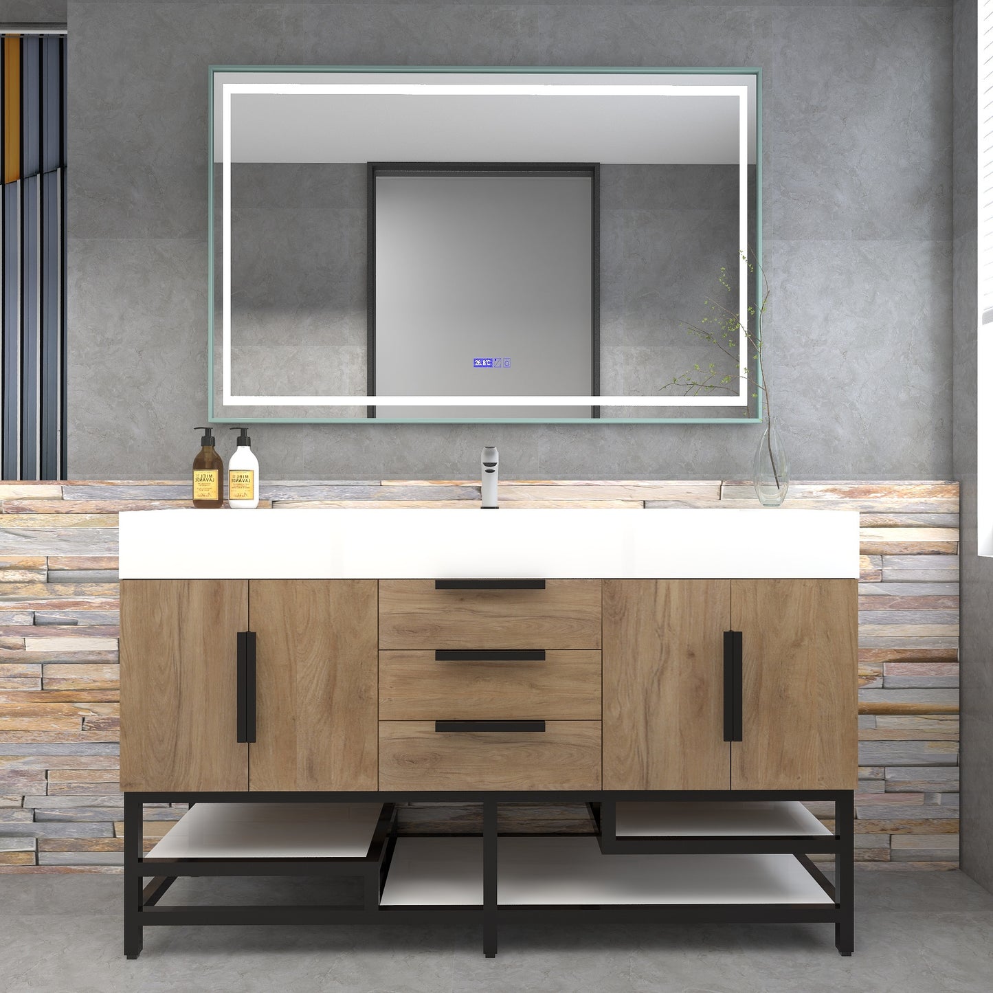 Bethany 60" Freestanding Bathroom Vanity with Reinforced Acrylic Sink in White Oak with Black Handles | Better Vanity Bath Vanities