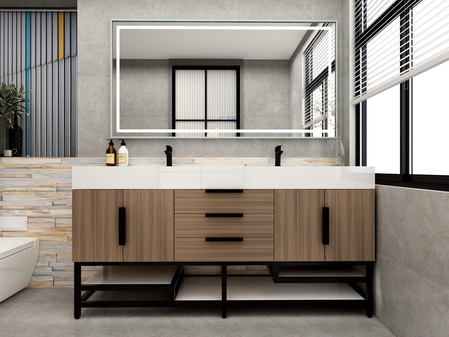 Bethany 72" Freestanding Bathroom Vanity with Reinforced Acrylic Double Sink in Rosewood with Black Handles | Better Vanity Bath Vanities
