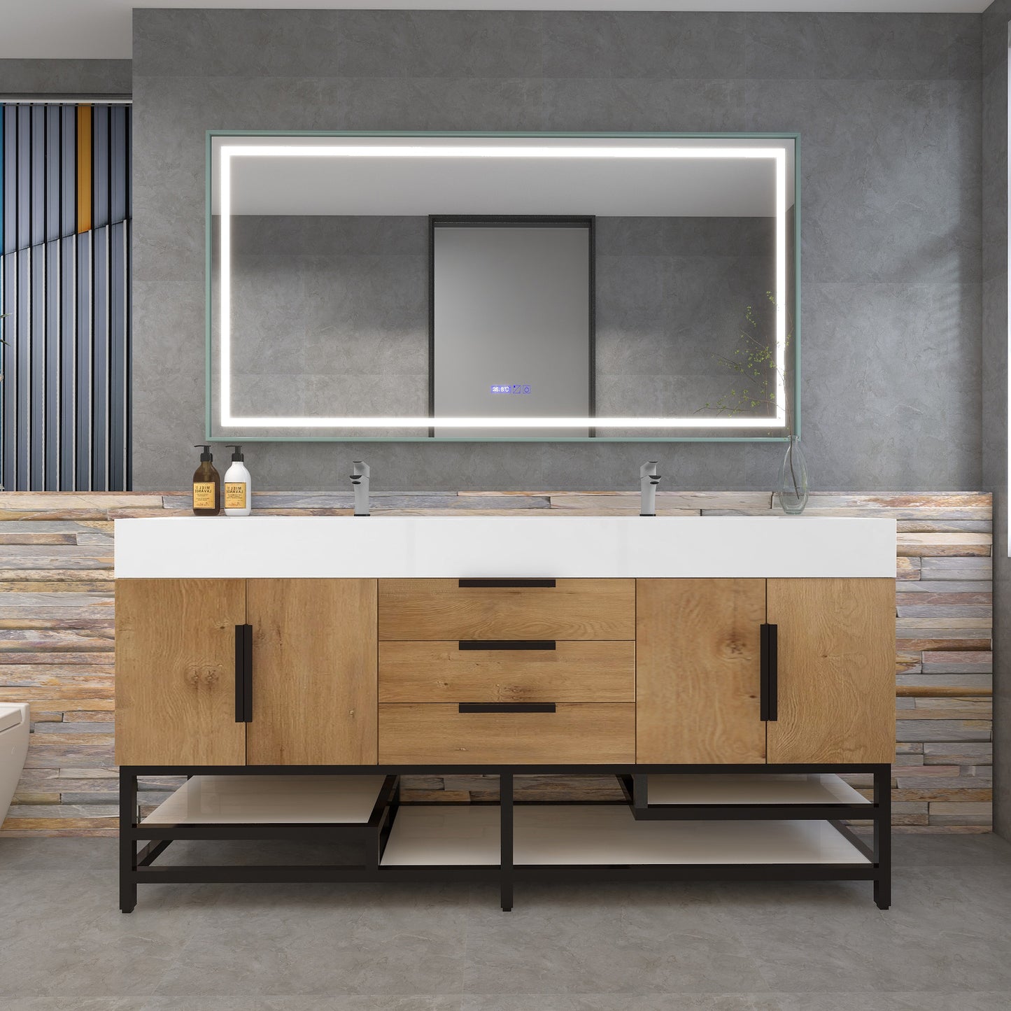 Bethany 72" Freestanding Bathroom Vanity with Reinforced Acrylic Double Sink in Teak Oak with Black Handles | Better Vanity Bath Vanities