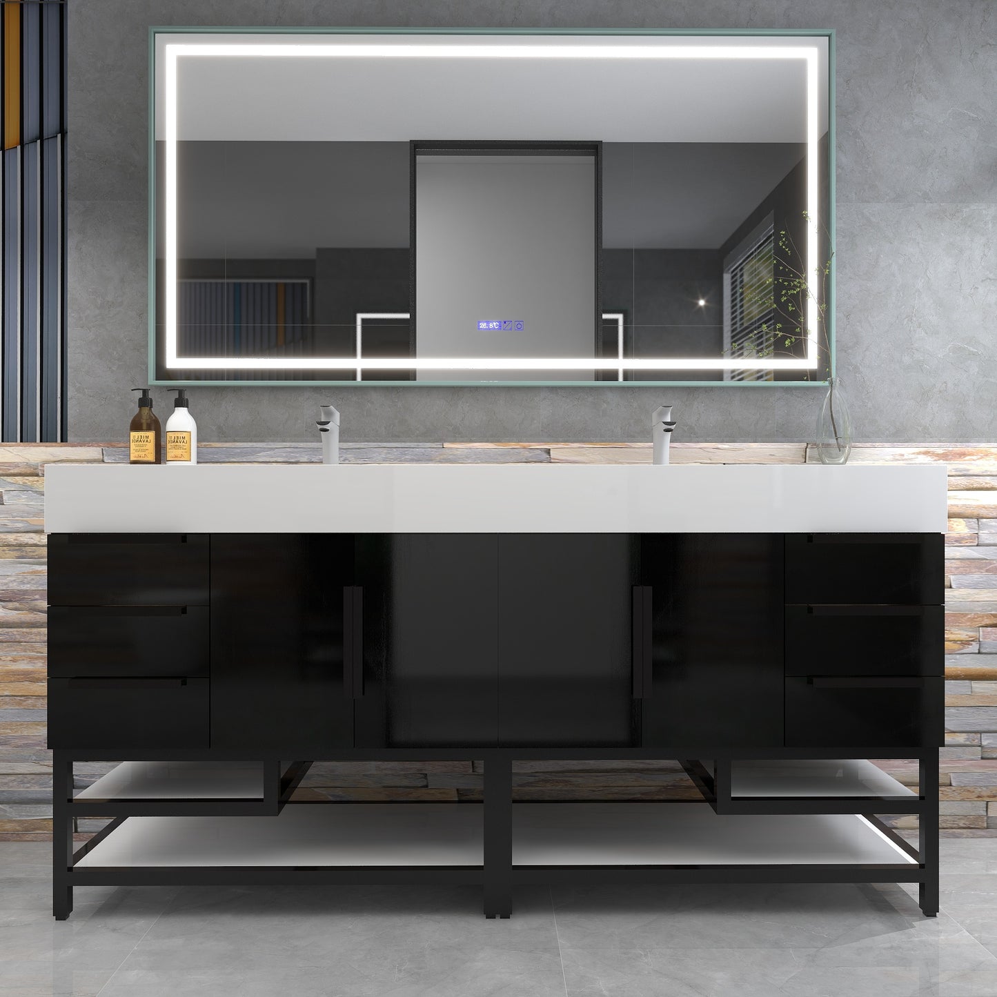 Bethany 72" Freestanding Bathroom Vanity with Reinforced Acrylic Double Sink in Gloss Black with Black Handles | Better Vanity Bath Vanities