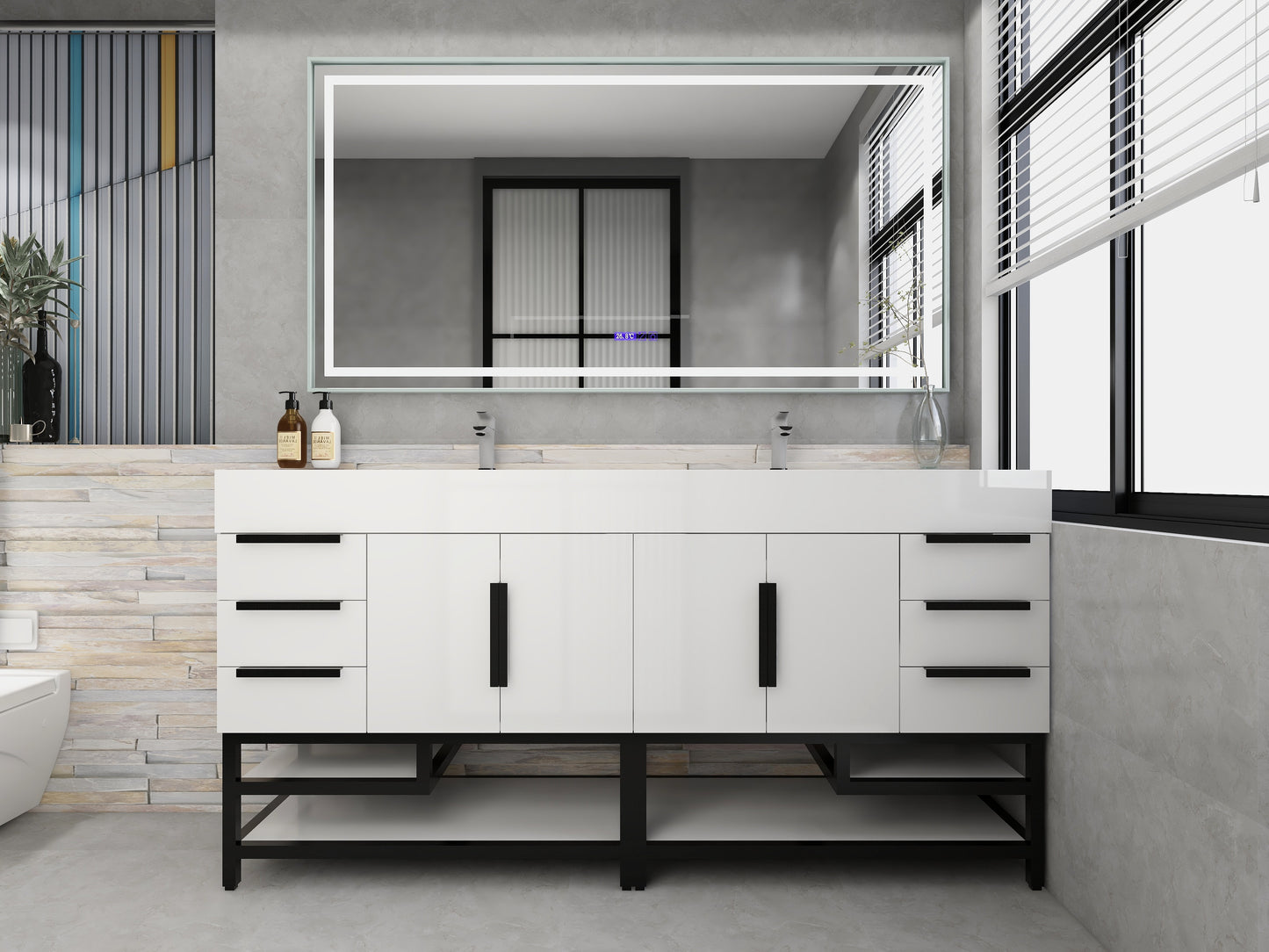 Bethany 72" Freestanding Bathroom Vanity with Reinforced Acrylic Double Sink in Gloss White with Black Handles | Better Vanity Bath Vanities