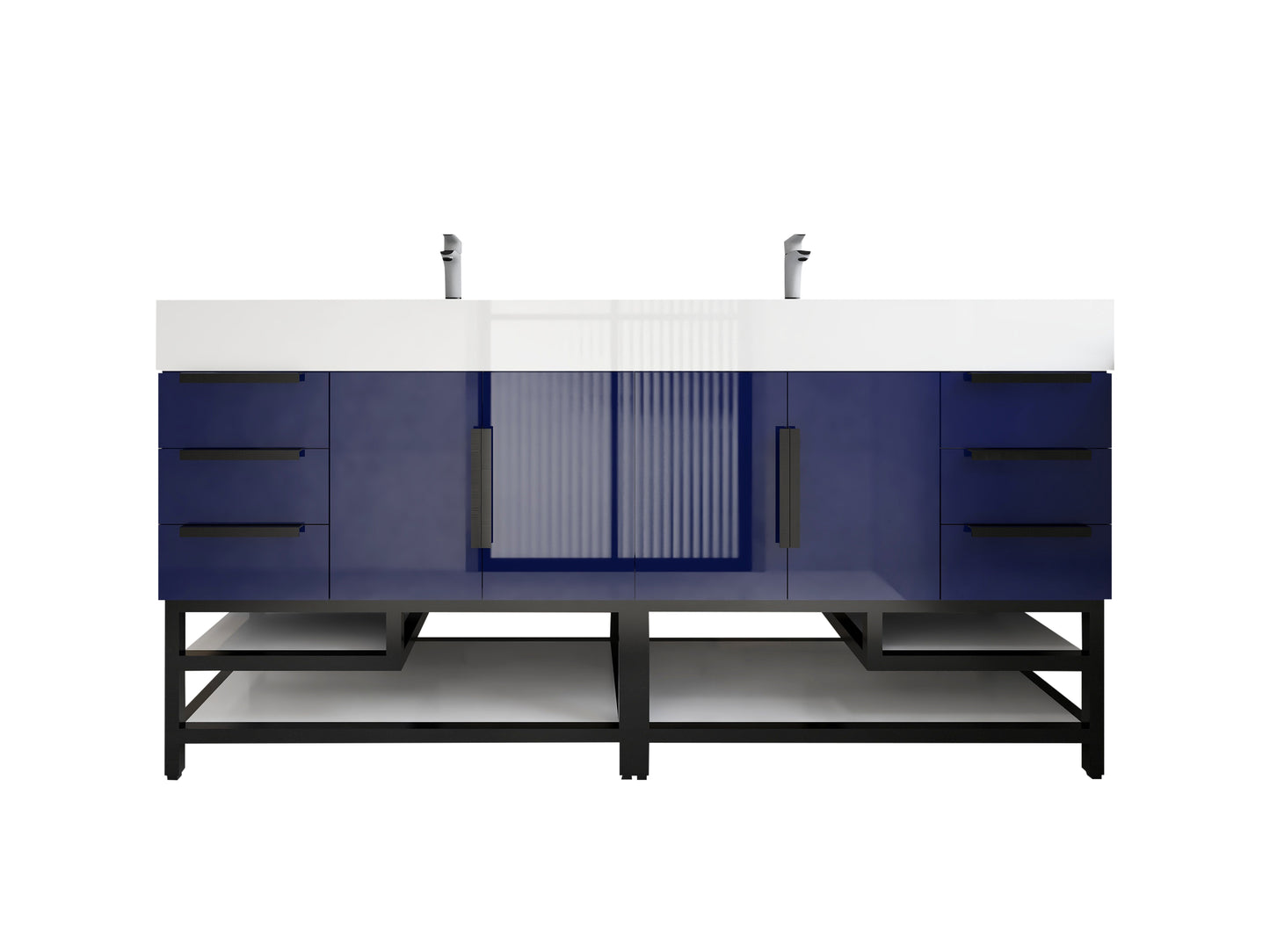 Bethany 72" Freestanding Bathroom Vanity with Reinforced Acrylic Double Sink in Night Blue Gloss with Black Handles | Better Vanity Bath Vanities