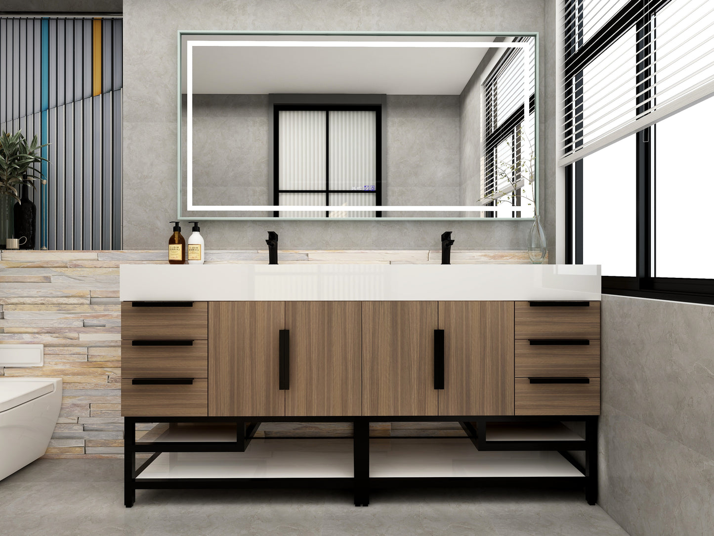 Bethany 72" Freestanding Bathroom Vanity with Reinforced Acrylic Double Sink in Rosewood with Black Handles | Better Vanity Bath Vanities