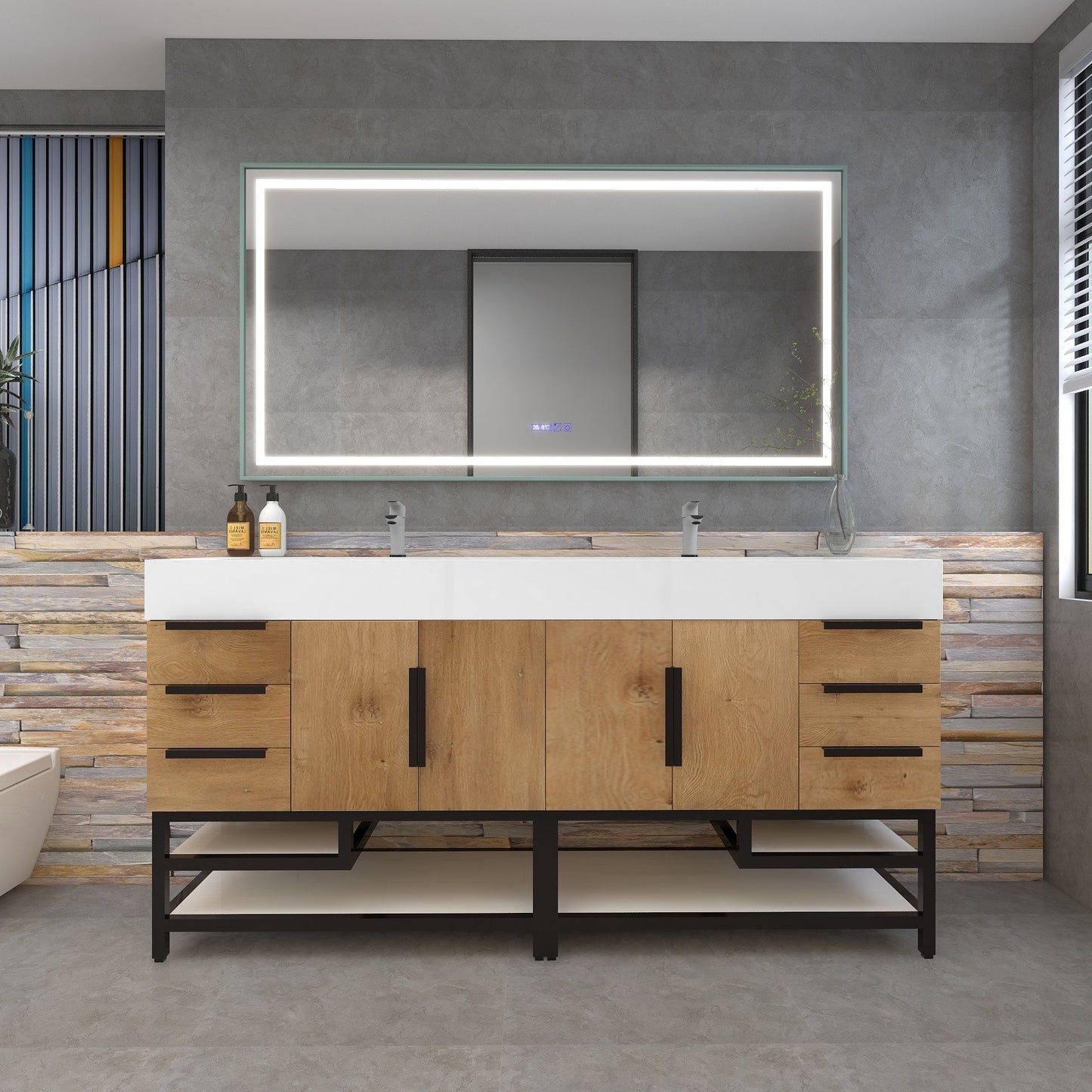 Bethany 72" Freestanding Bathroom Vanity with Reinforced Acrylic Double Sink in Teak Oak with Black Handles | Better Vanity Bath Vanities