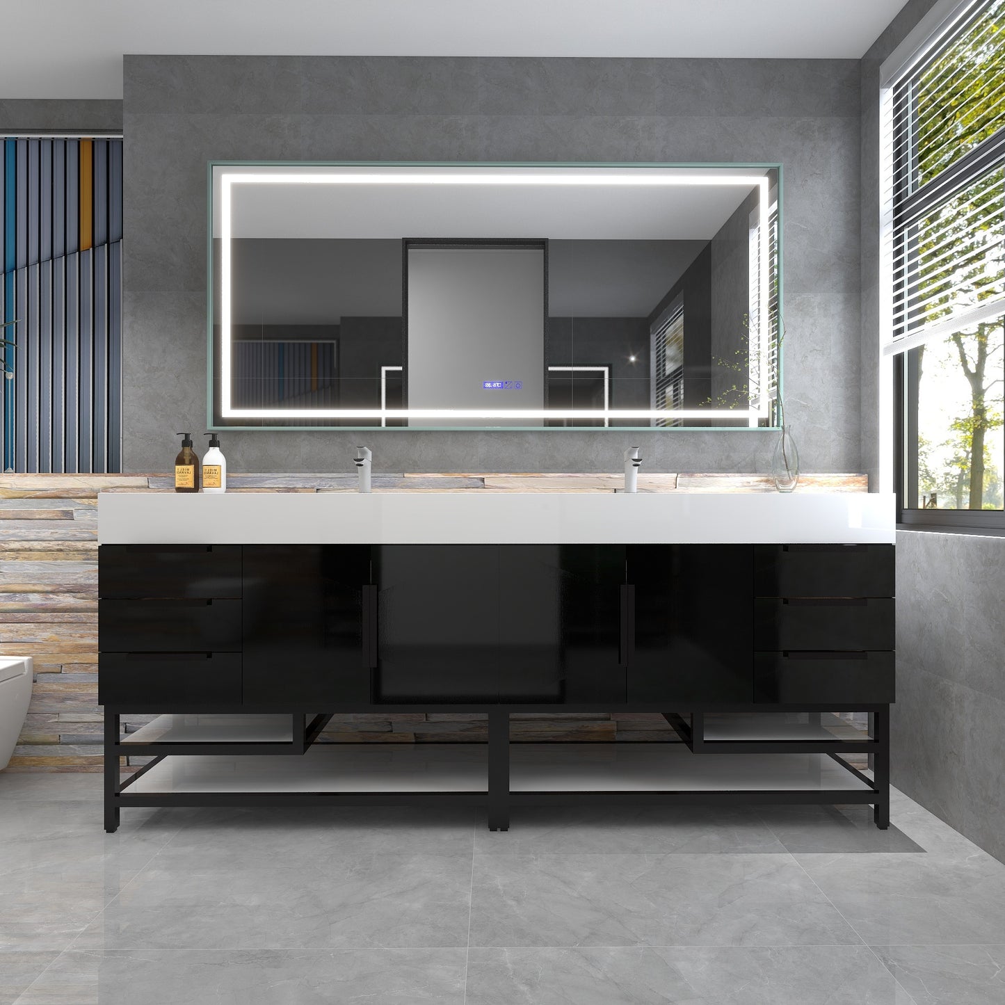 Bethany 84" Freestanding Bathroom Vanity with Reinforced Acrylic Double Sink in Gloss Black with Black Handles | Better Vanity Bath Vanities