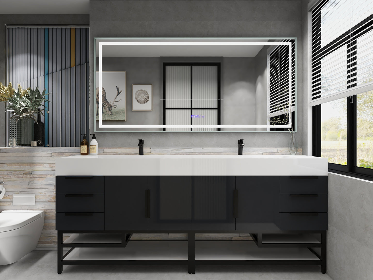 Bethany 84" Freestanding Bathroom Vanity with Reinforced Acrylic Sink in Gloss Gray with Black Handles | Better Vanity Bath Vanities